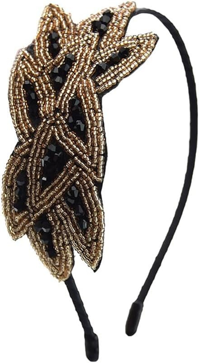 YALLNASL Vintage 1920S Flapper Headband for Women, Rhinestone Beaded, No Slip, 15'' Length, 1 Count (Pack of 1), Black and Gold with Rhinestone, Perfect for Themed Parties, Women, Girls