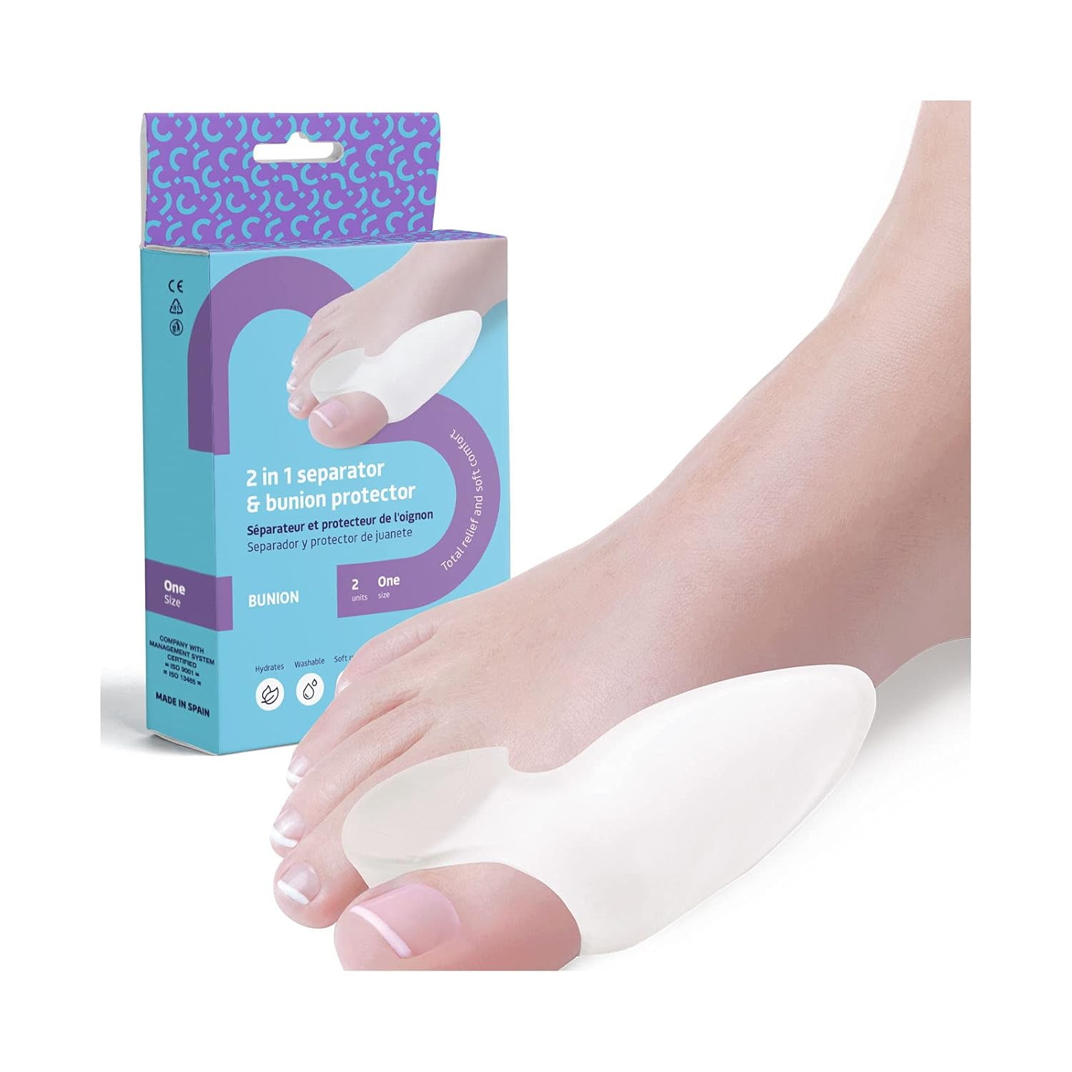 Feetbcn 2-In-1 Bunion Protector and Separator. Elastic, Soft and Moisturising Gel. Relieves Bunion Pain and Corrects the Position of the Toes. 2 Units. One Size. Made in Spain. image number 2