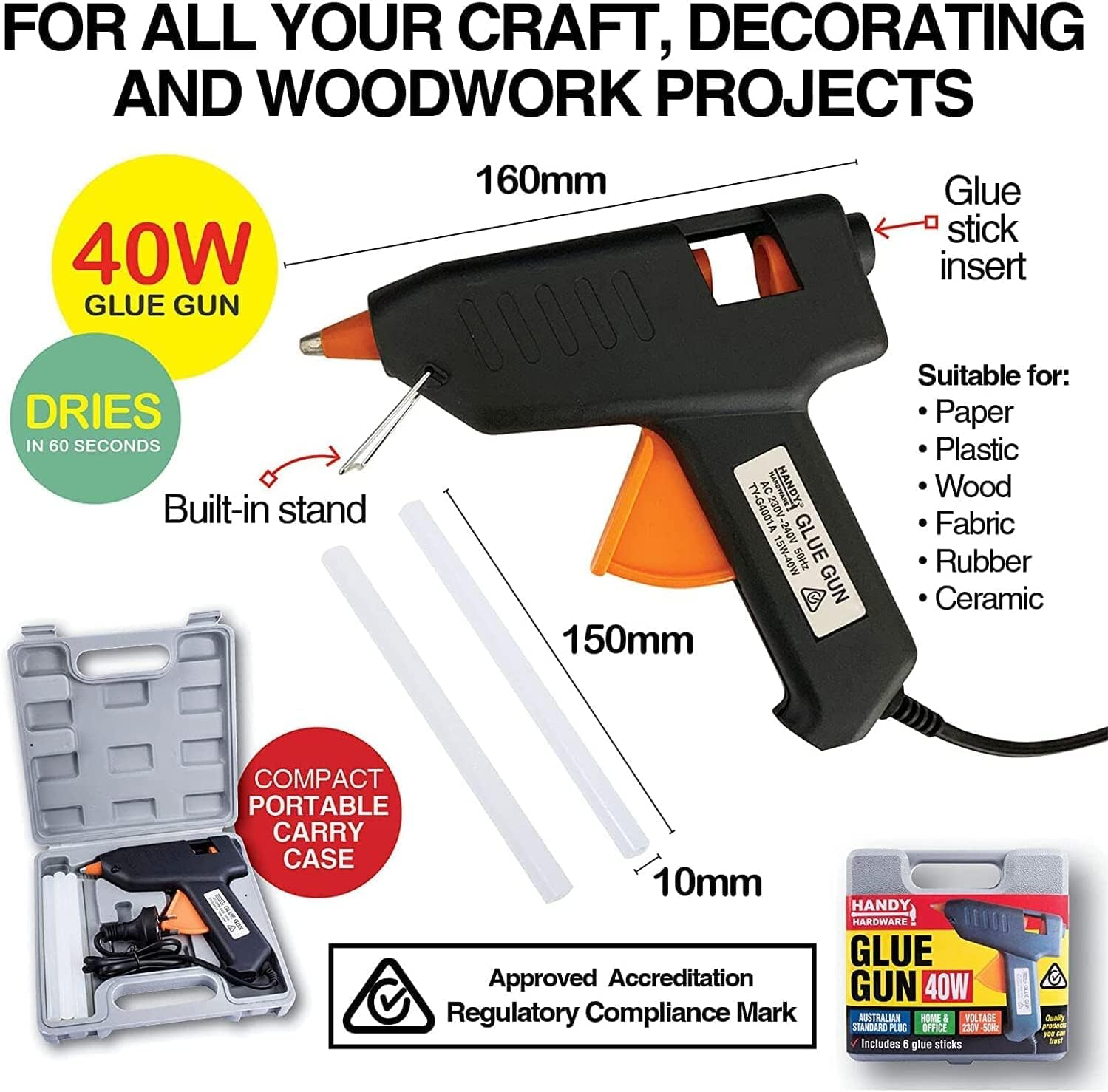 Handy Hardware 40W Hot Glue Gun and Carry Case, Fast Heating and Easy to Use for DIY Projects image number 2