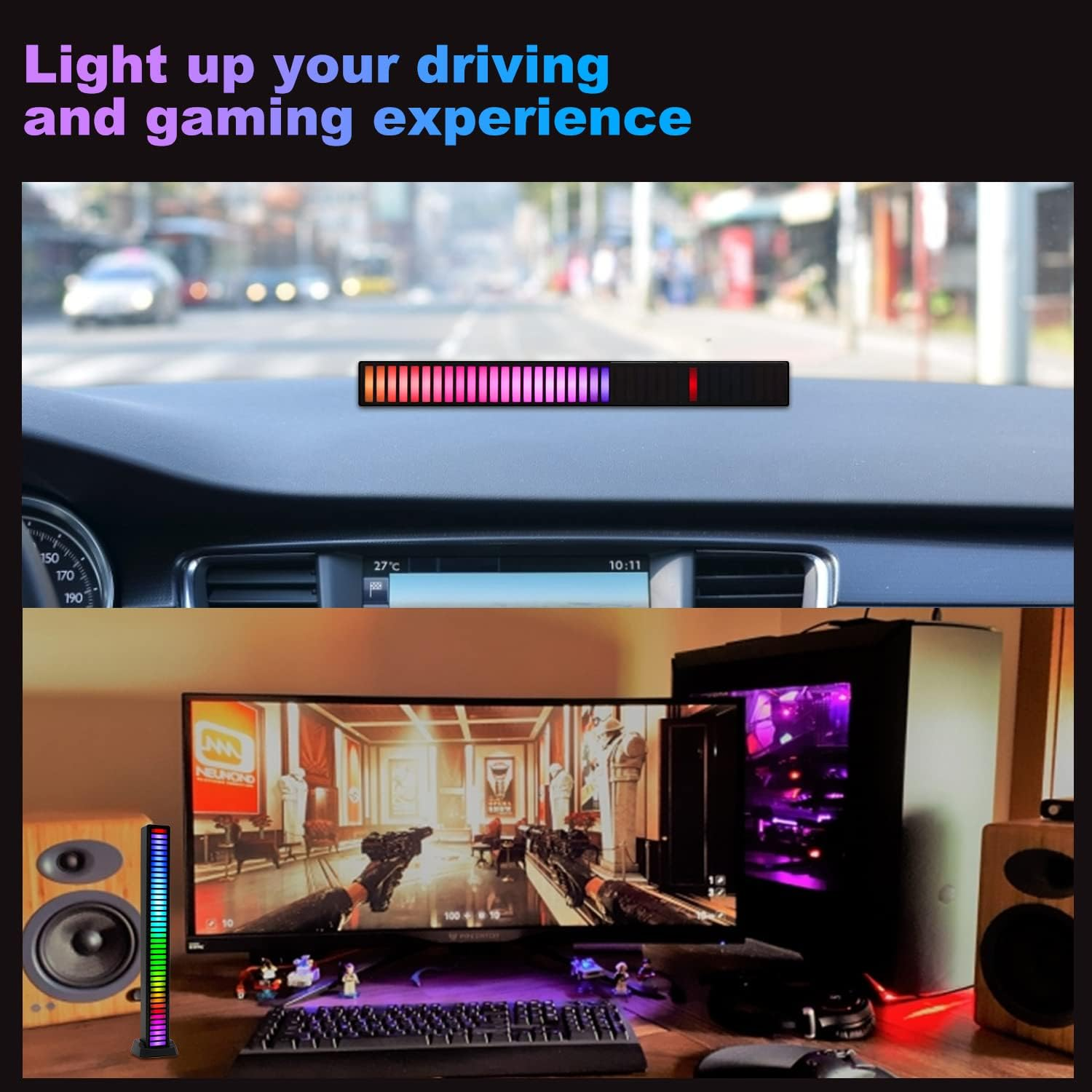 Smart RGB Light Bar, Voice Activated LED Light, AURTEC RGB Music Sync Light Bar, Upgraded 40 Bit Colorful Sound Pickup Ambient Lights with App Control, for Gaming, Car, PC, TV, Party and More. (2 Pack， Black) - Black 2 image number 5