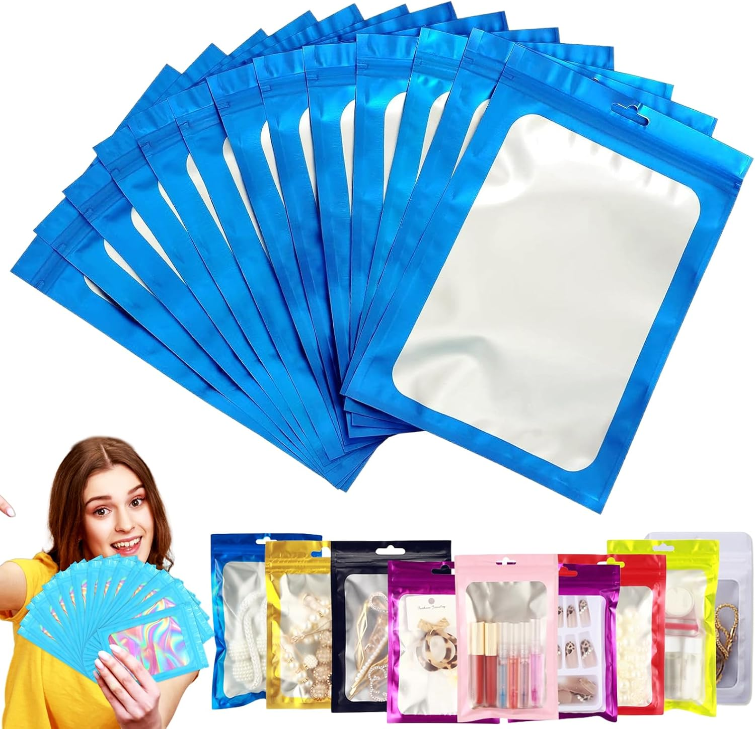 Black Foil Ziplock Mylar Bags - Medium Smell Proof Holographic Packaging, 50Pcs 14X20Cm Resealable Storage Pouches with Grip Seal for Food, Jewelry, Electronics