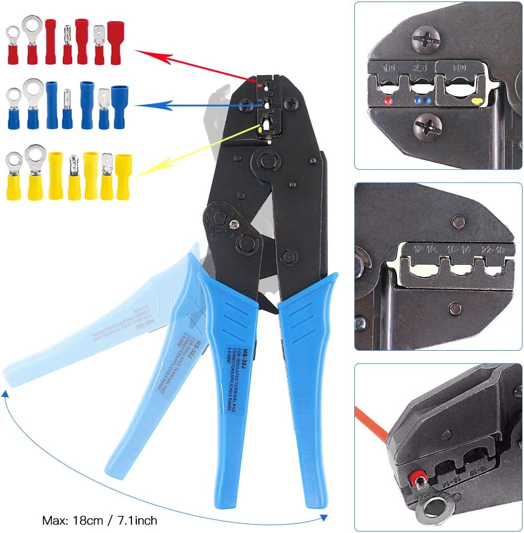 Glarks Professional Self-Adjustable Ratchet Wire Crimping Pliers AWG 22-10 and a Wire Stripper Tool Set with 183 Pieces Insulated Crimp Terminals Connectors Assortment Kit image number 4