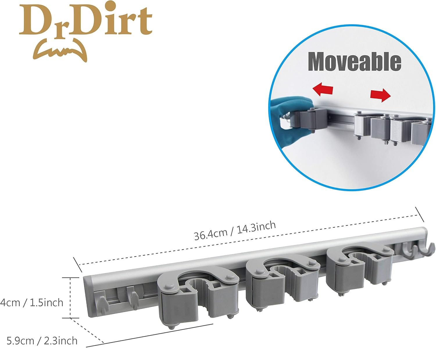 Drdirt Broom Holder Wall Mount, 14.5-Inch, 3 Sliding Grippers, 4 Hooks, Heavy Duty for Home, Kitchen, Bathroom, Laundry, Garage, Gray image number 1
