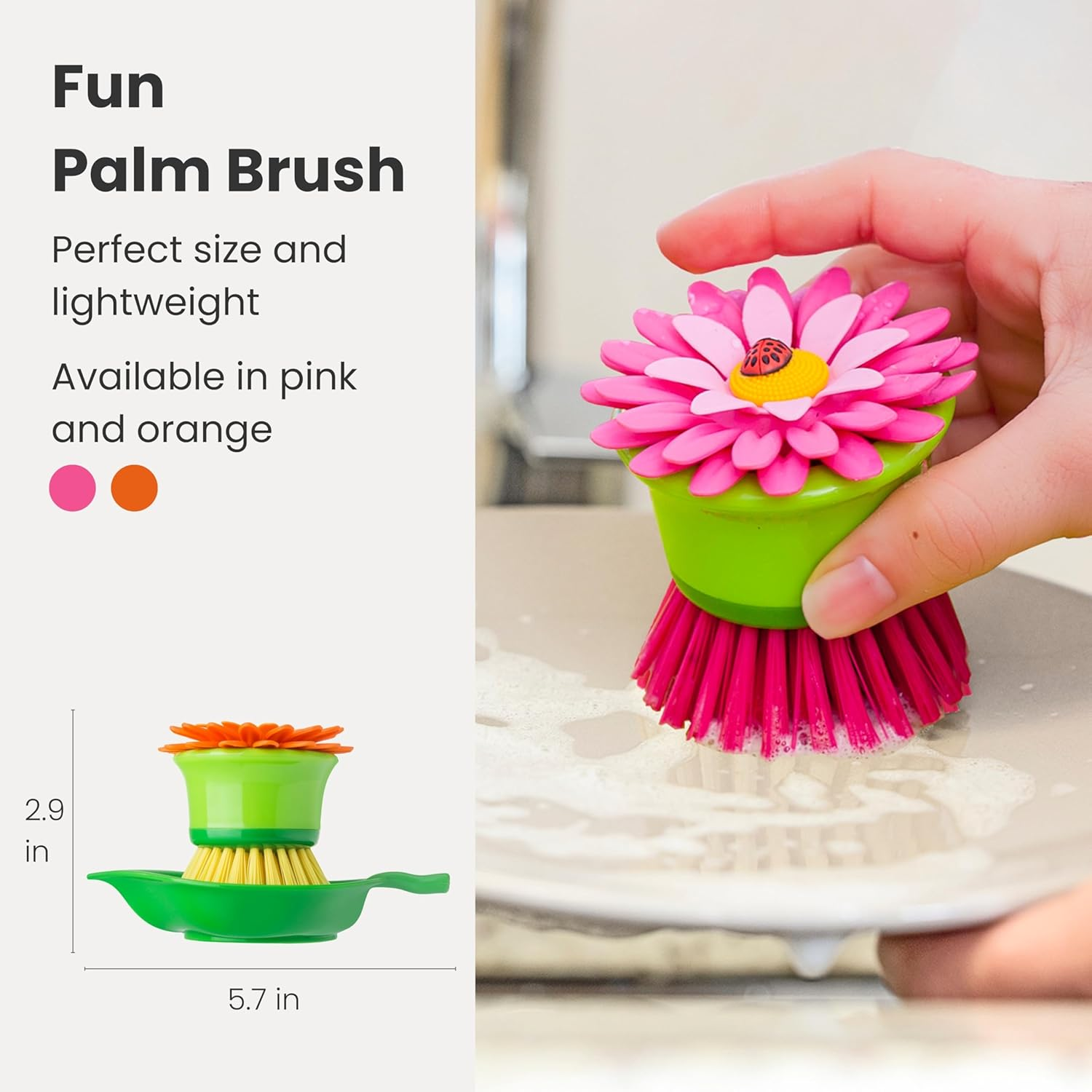 VIGAR Flower Power Palm Dish Brush with Holder, Pink (2 Pieces) image number 5