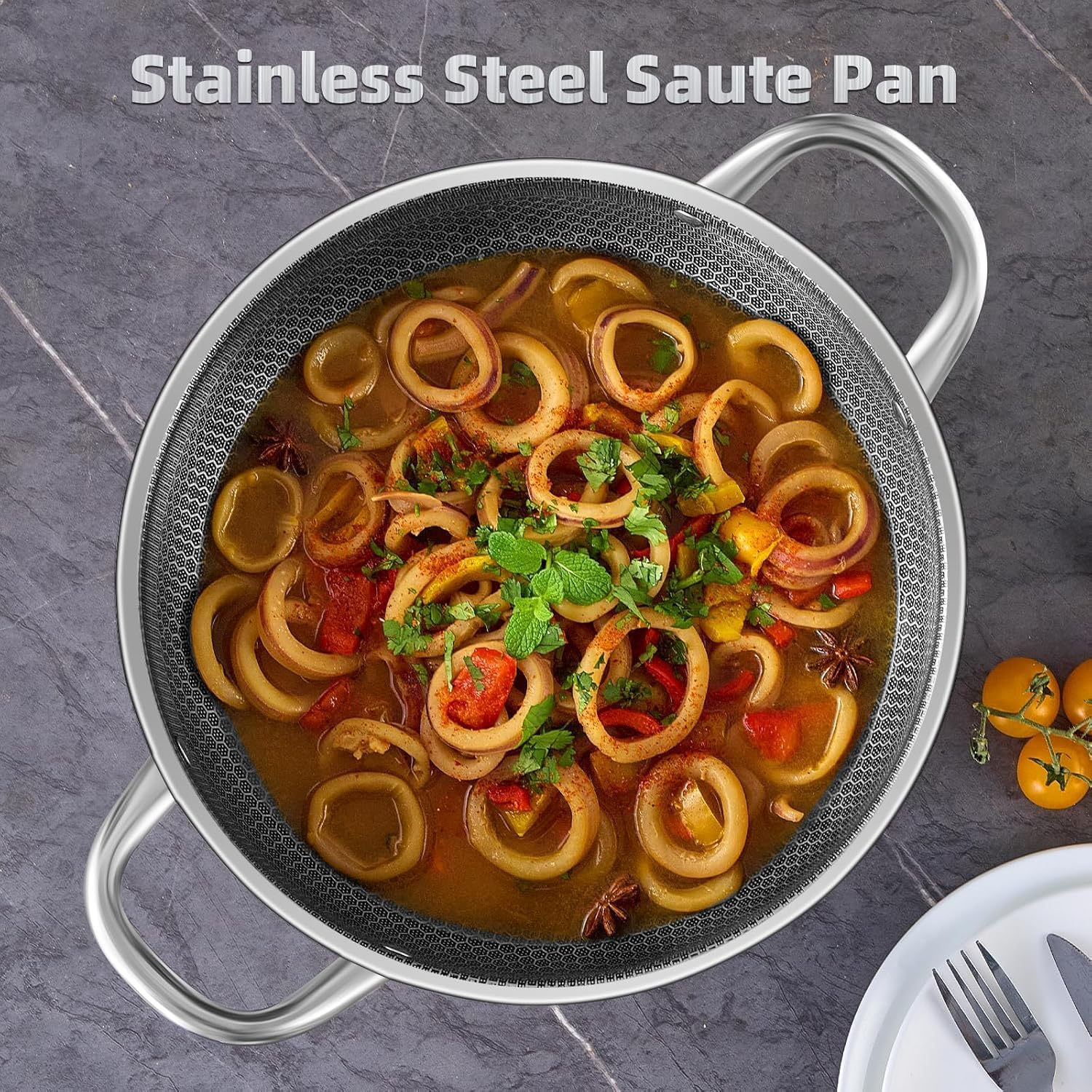 Stainless Steel Saute Pan, Cookware with Lid, 30CM Deep Frying Pan, Nonstick Cooking Pot with Handles, Large Skillet, Wok Pan Compatible with All Cooktops, Dishwasher Safe image number 3