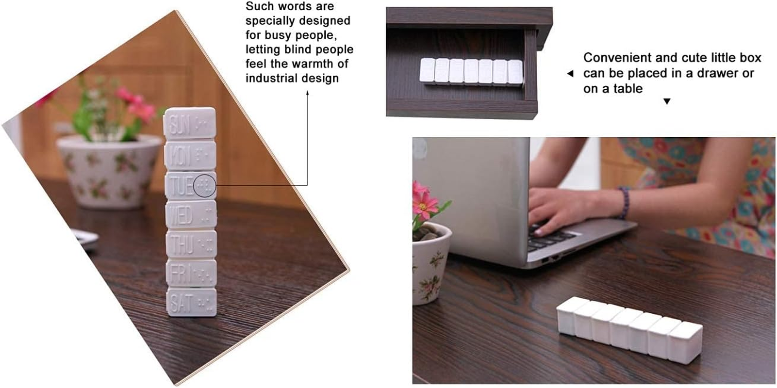 Weekly Pill Organizer, Portable 7 Day Pill Box, Travel Medicine Organiser, Compact Pill Case with Big Letters & Braille Symbol, Daily Pill Dispensers & Reminders for Vitamins, Fish Oils, Supplements (2 PCS Pocket Size, White) image number 5