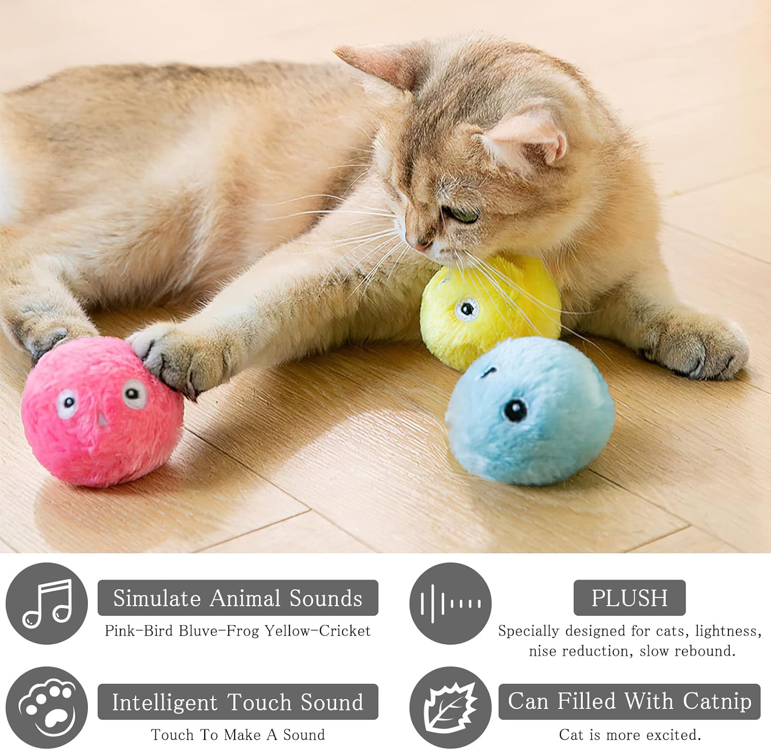 HENGBIRD Pack of 3 Cat Balls Interactive Cat Toy Ball with Sound Kitten Toy Plush Balls Cat Toy Balls with Lifelike Animal Sounds for Indoor Kittens Kitty Puppy image number 5
