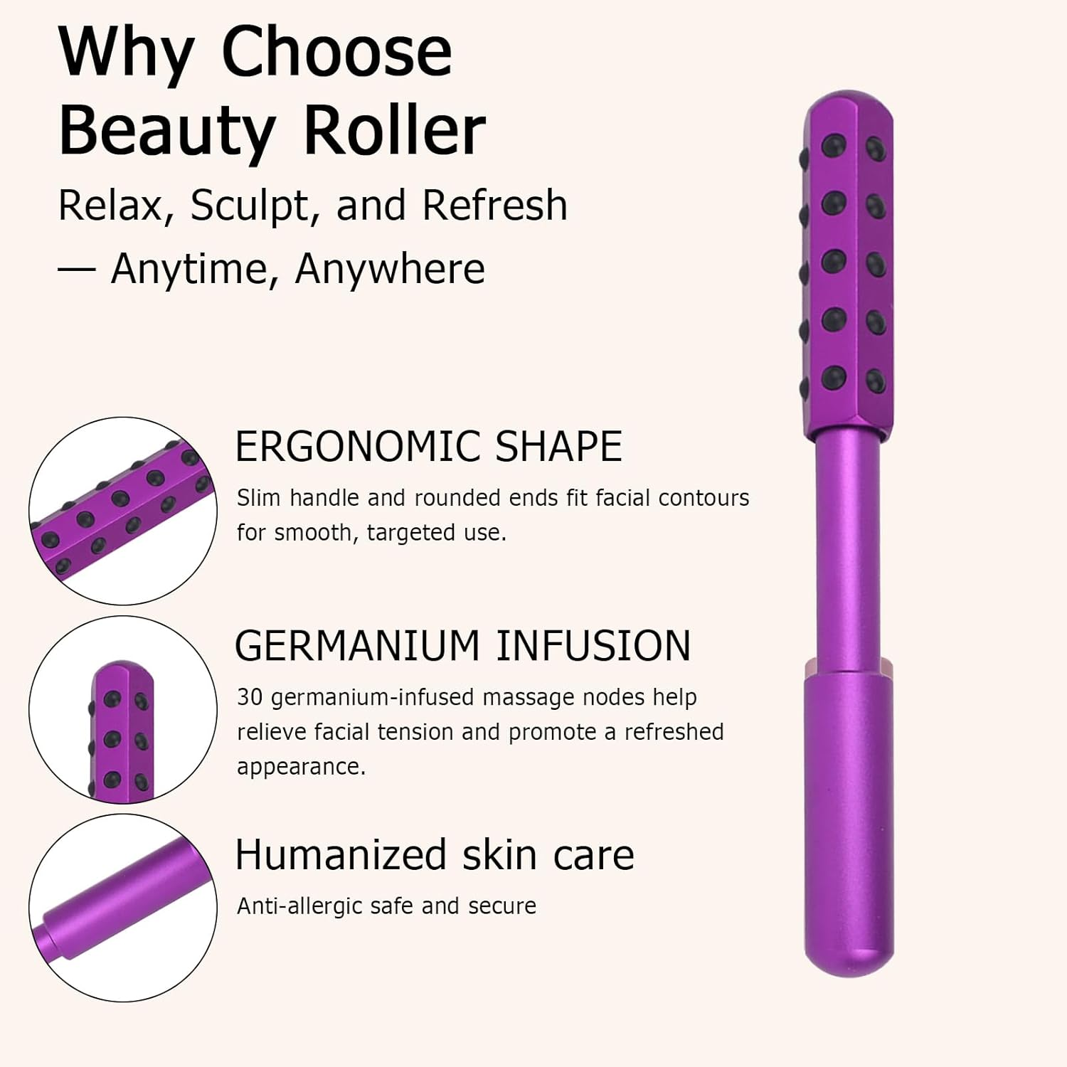 Elarique Face Roller, Germanium Stone Uplifting, Portable Beauty Roller Tool for up Lifting, De-Puffing, Anti-Aging and Skin Care with Cooling & Sculpting for Women Men (Purple)