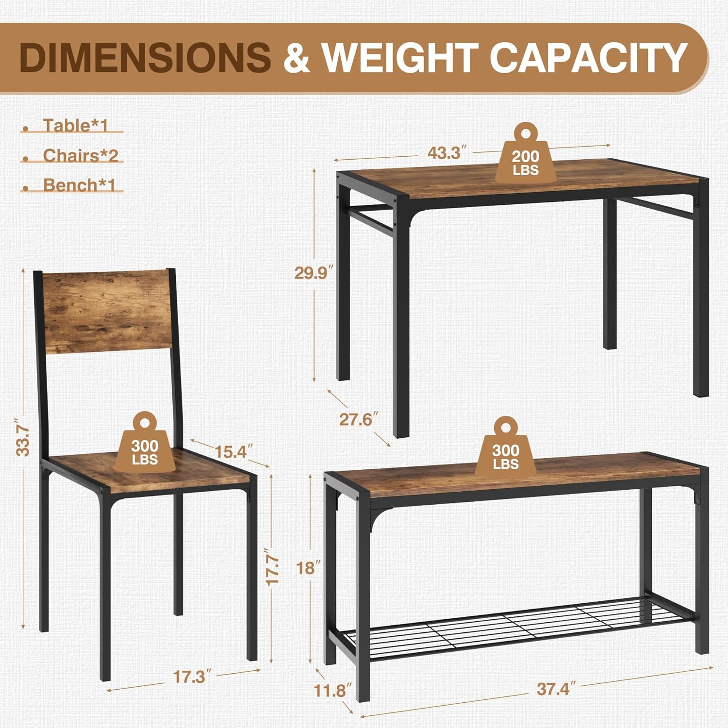 Furmax Dining Table Set for 4, Modern Kitchen Table Bench and Chairs Rectangular Dining Room Table Set with Storage Bench for Small Space, Apartment, Restaurant (Rustic Oak) image number 1
