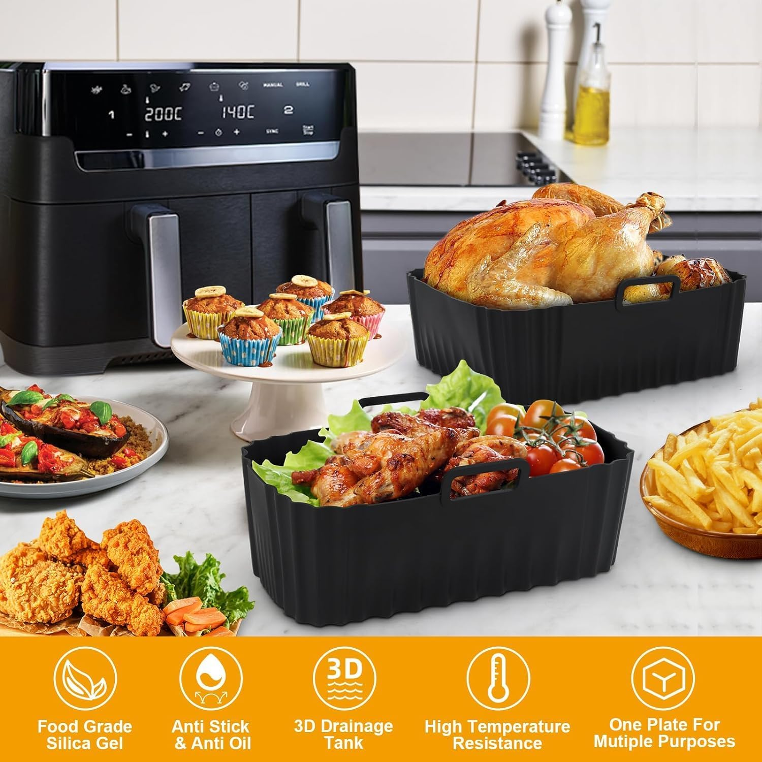 Akulife Air Fryer Liners Silicone Reusable for Tefal Easy Fry 5.2L/3.1L, Dual Air Fryer Inserts, Accessories for Lakeland 5L/3L, Tower T17099 5.2L/3.3L, Salter 5.5L/3.5L, Netta 5.5L/3.5L