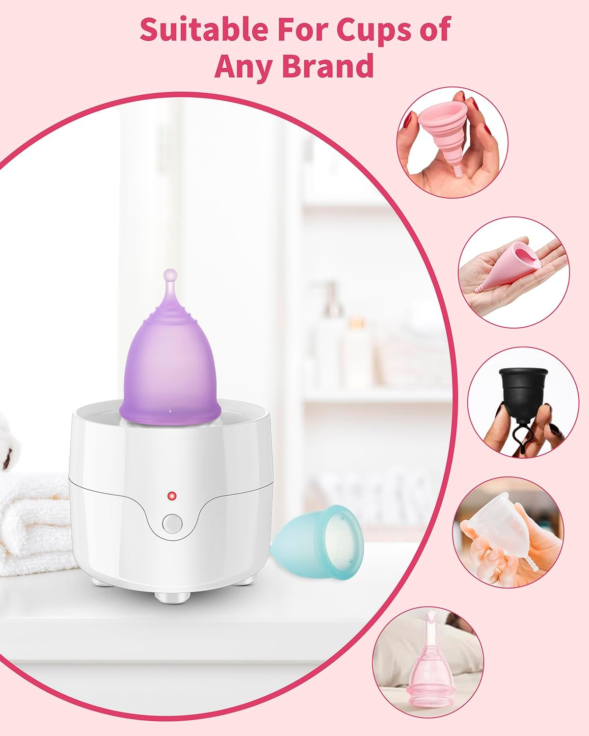 Menstrual Cup Steamer Sterilizer with 2 Reusable Menstrual Cups, Period Cups Cleaner Wash Kit, Cleans Your Cup in 2-5 Mins and Will Automatic Power off When the Temperature Reaches image number 4