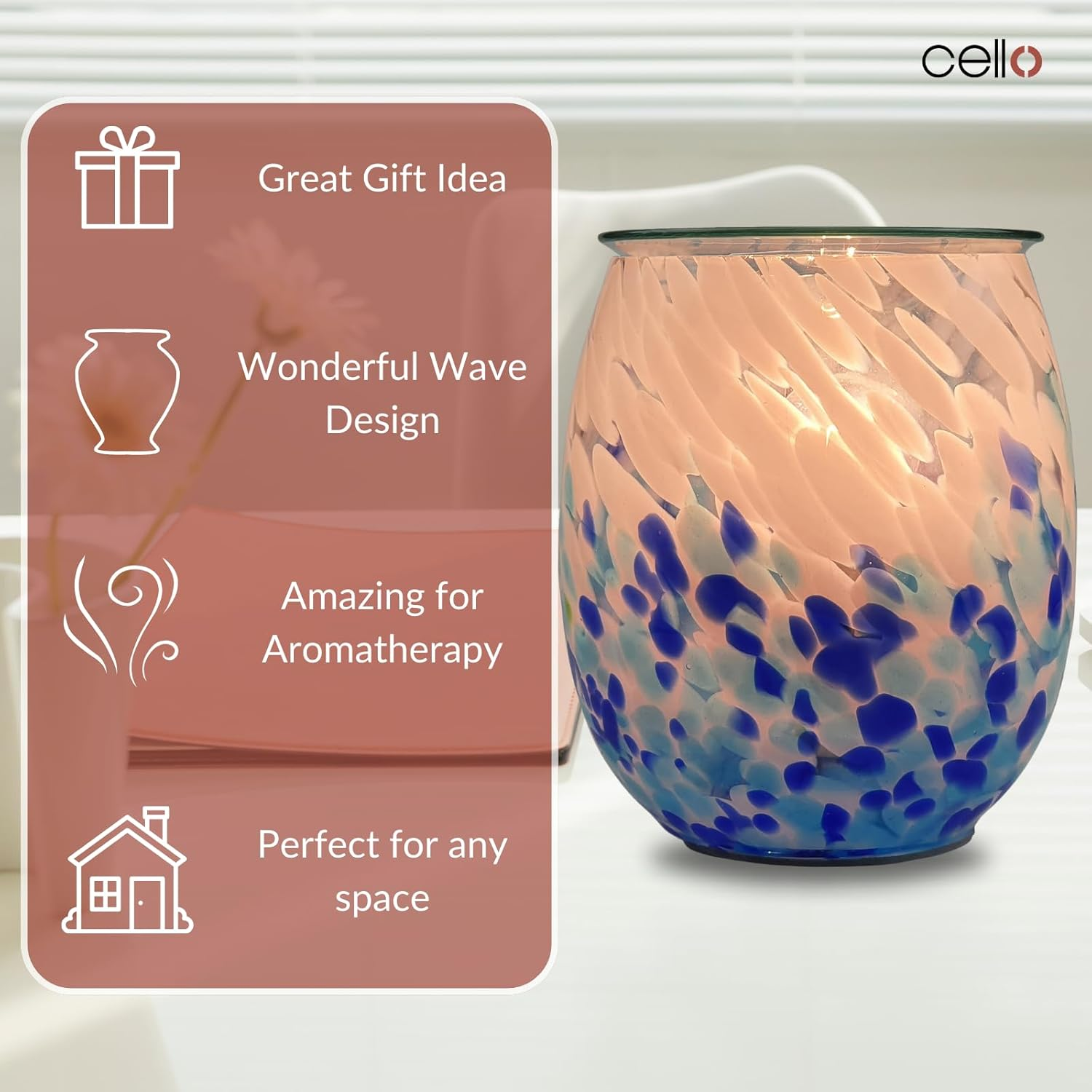 Cello Crashing Waves Art Glass Electric Melt Burner - Wax Melt & Oil Burner. New Home Gifts, Home Decor, Room Decor & Office Accessories. Electric Diffuser with Halogen Light Bulb. image number 4