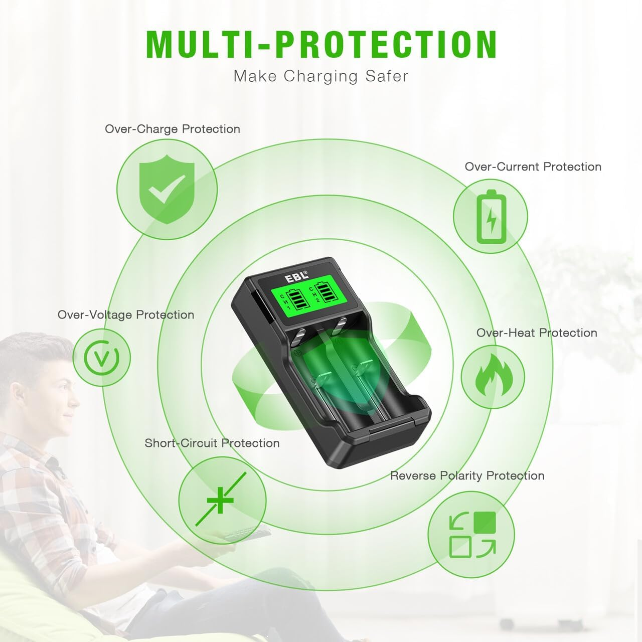 EBL Universal 18650 Battery Charger for 3.7V Lithium Ion Rechargeable Batteries 26650 22650 18650 18490 18350 17670 16340 (RCR123) 14500 and 1.2V Ni-Mh Ni-Cd Rechargeable C AA AAA Batteries image number 6