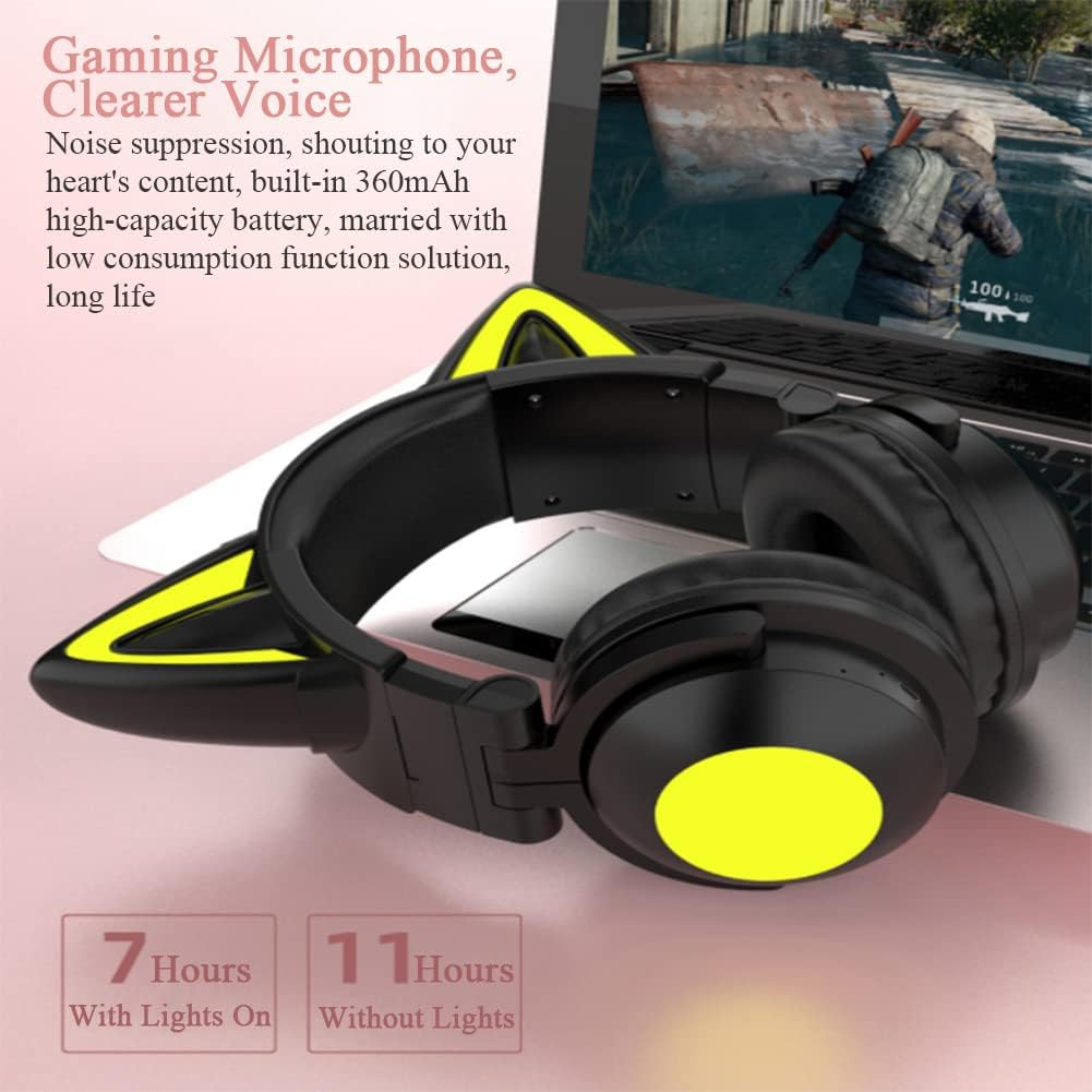Bluetooth Headphones, Cat Ears LED Wireless Gaming Headset Children'S Headphones Bluetooth Stereo Headset Foldable Cat Ears Over-Ear Headsets with Adjustable Microphone for Smartphones/Laptop/Tablet image number 5