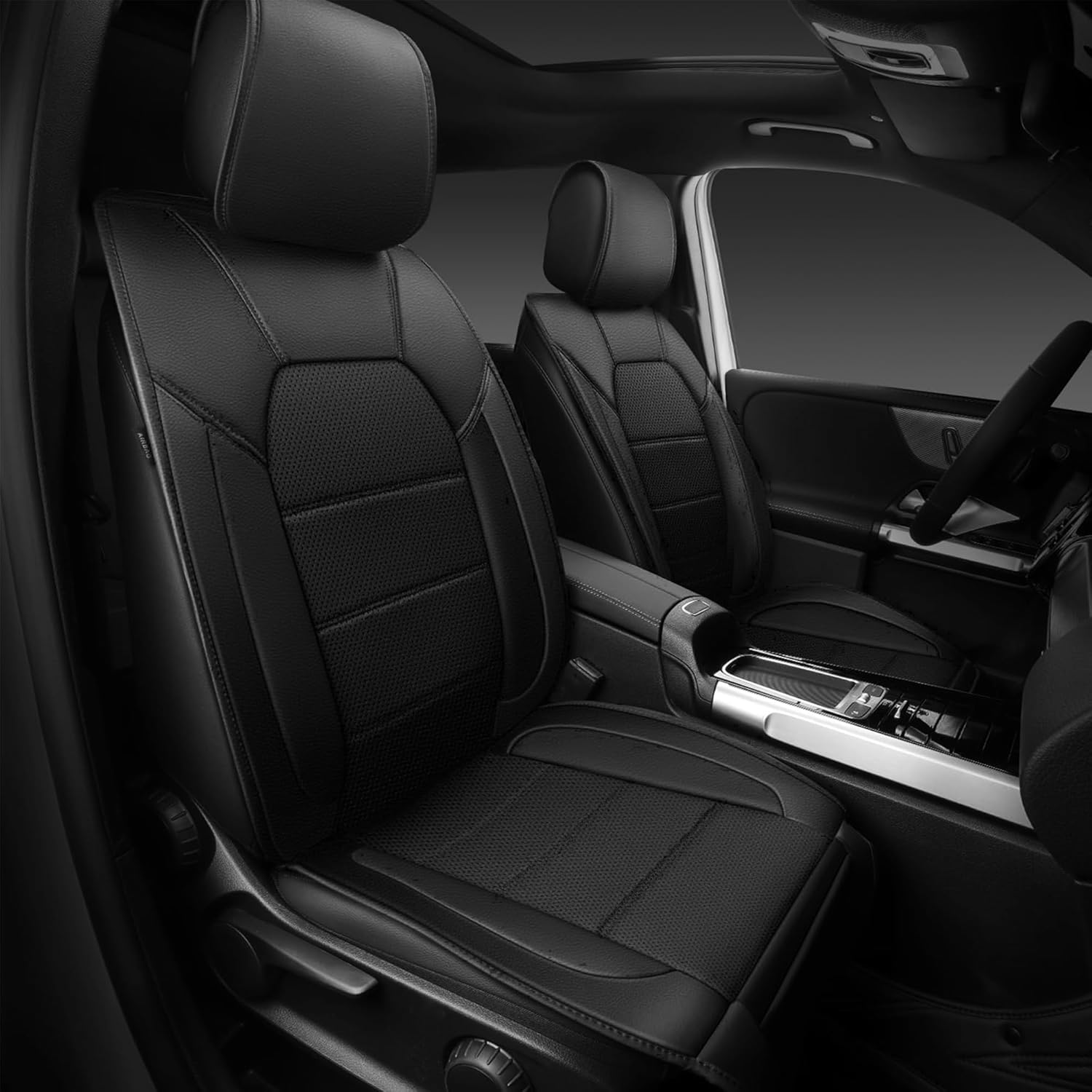 Leather Seat Cover, Sports Car Seat Cover with over 5Mm Composite Sponge Inside, Airbag Compatible with Most Suvs, Trucks, and Vans (Complete Set+2 Headrests (Black) - Black image number 3