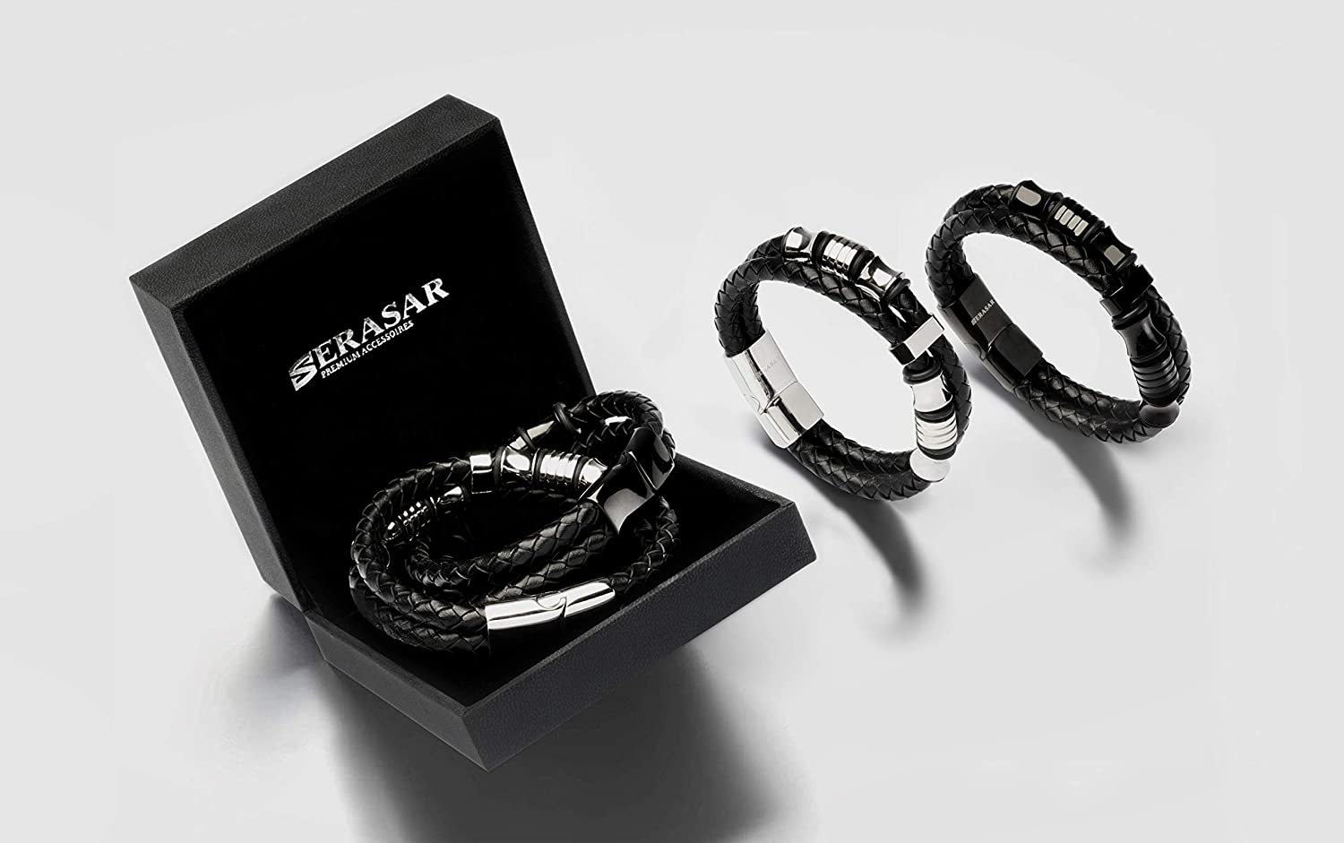 SERASAR | Men'S Premium Black Genuine Leather Bracelet [Spirit] | Magnetic Stainless Steel Clasp in Black, Silver and Gold | Exclusive Jewellery Box | Great Gift Idea image number 4