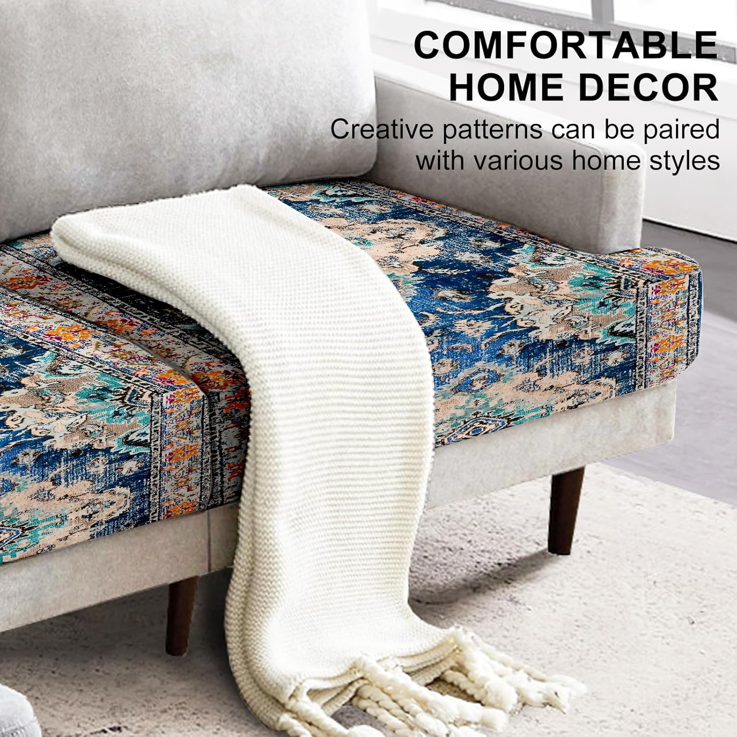 SZXYCZL 3PCS Boho Printed Sofa Cushion Covers, Cute Carpet Pattern Printed Washable Elastic Couch Cover, Indoor and Outdoor Sofa Cover-Dark Blue image number 1