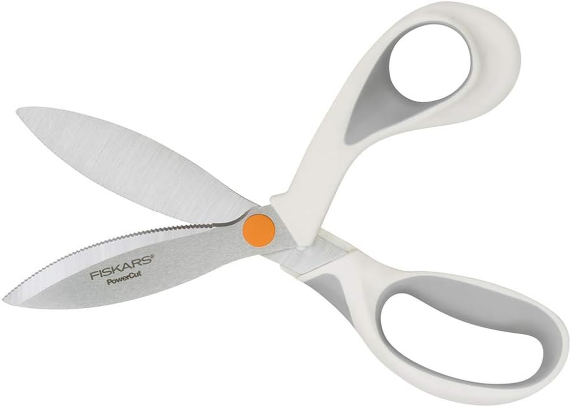 Fiskars Softgrip Powercut Fabric and Mixed Media Scissors - 8" Heavy Duty Scissors for Fabric, Cardboard, Cork, Decorative Metal and Foam Cutting with Serrated Blade Edge - White