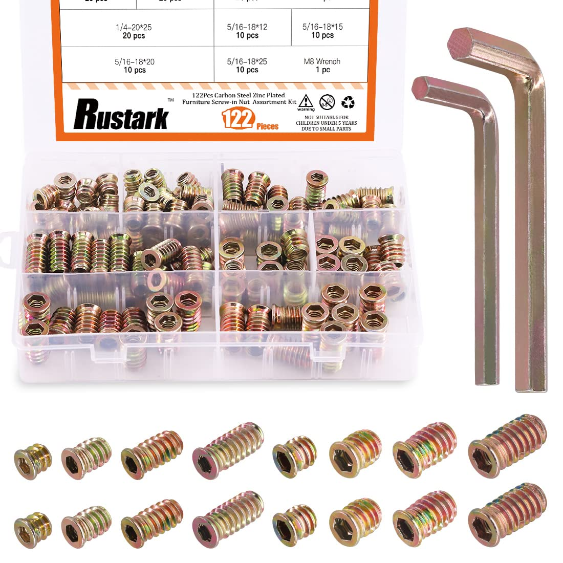 Rustark 120 Pcs 1/4" and 5/16" Carbon Steel Zinc Plated Color Threaded Insert Nuts Assortment Set Screw-In Nut Hex Socket Drive Wood Bolt Fastener Connector for Wooden Furniture image number 1