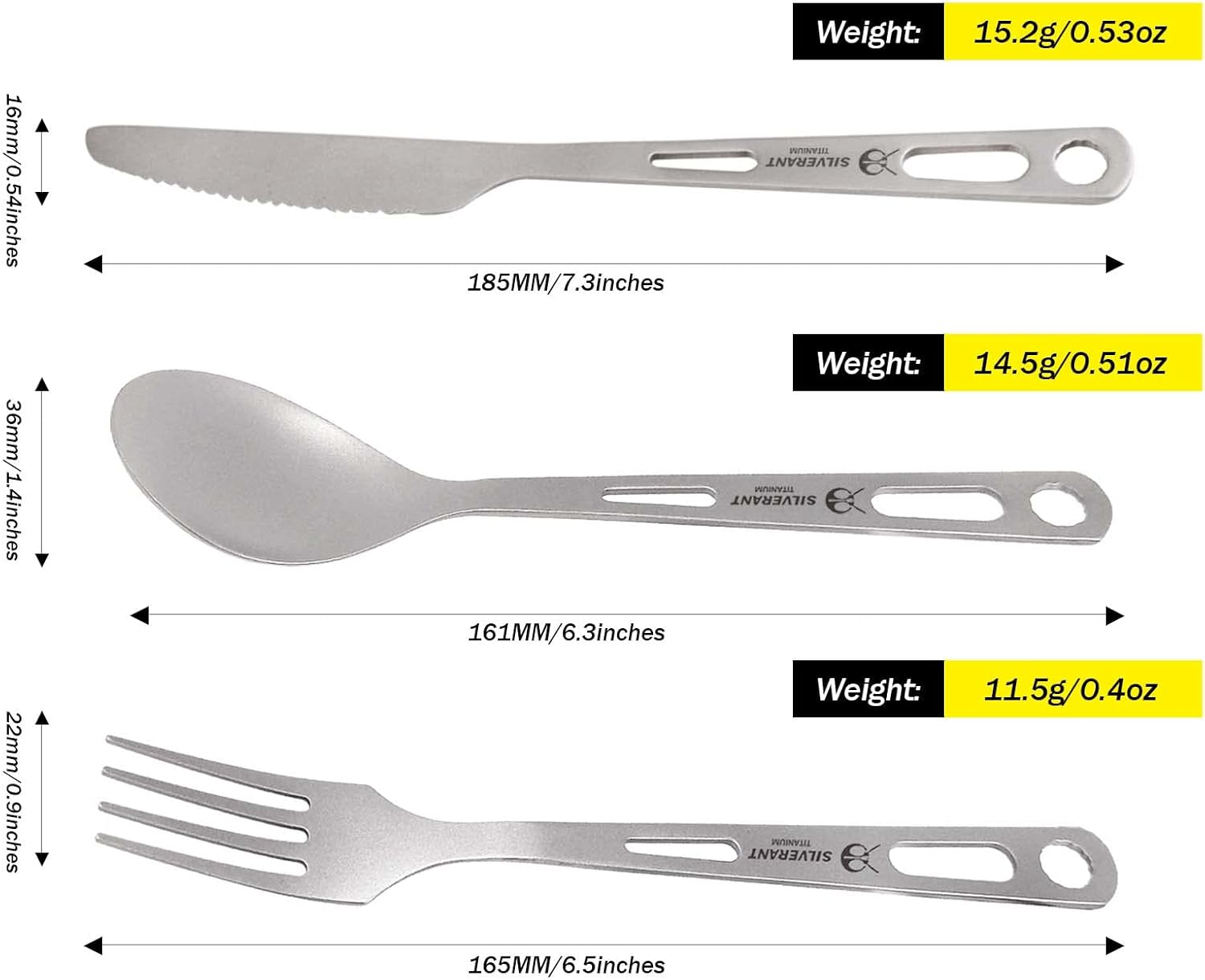 SILVERANT Titanium Knife Fork Spoon Extra Strong Ultra-Light Weight Tableware Durable Cutlery Set for Outdoor Camping & Hiking with a Bag - 3 In 1 Spork image number 3