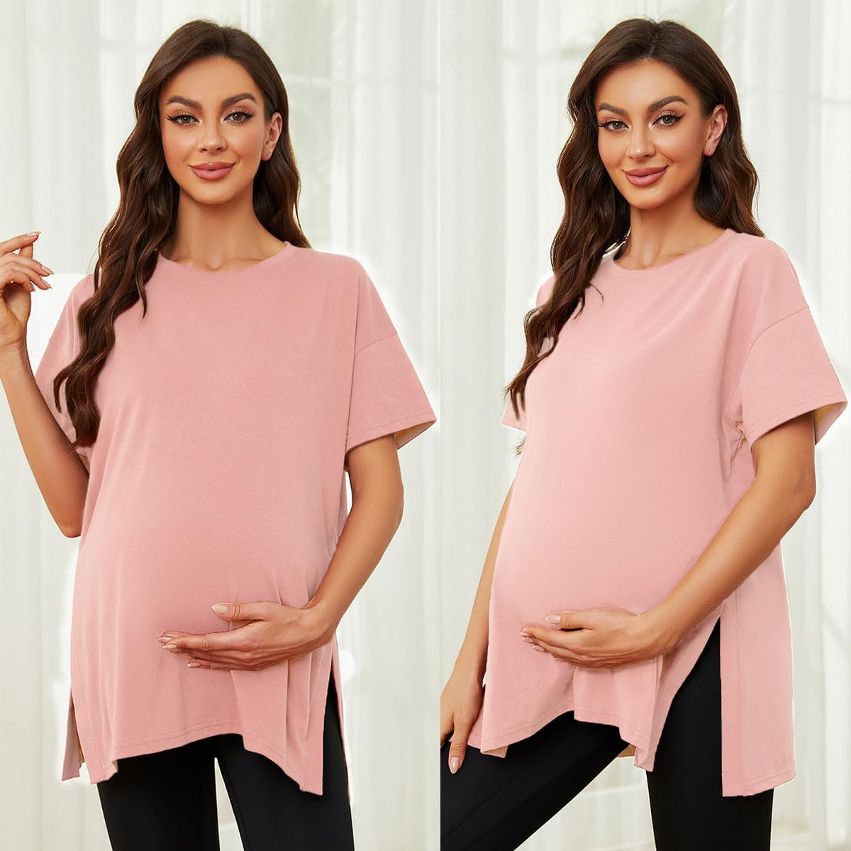 Ecavus Maternity Shirts Long Sleeve Cross V-Neck Comfy Stretchy Maternity Nursing Tops image number 5