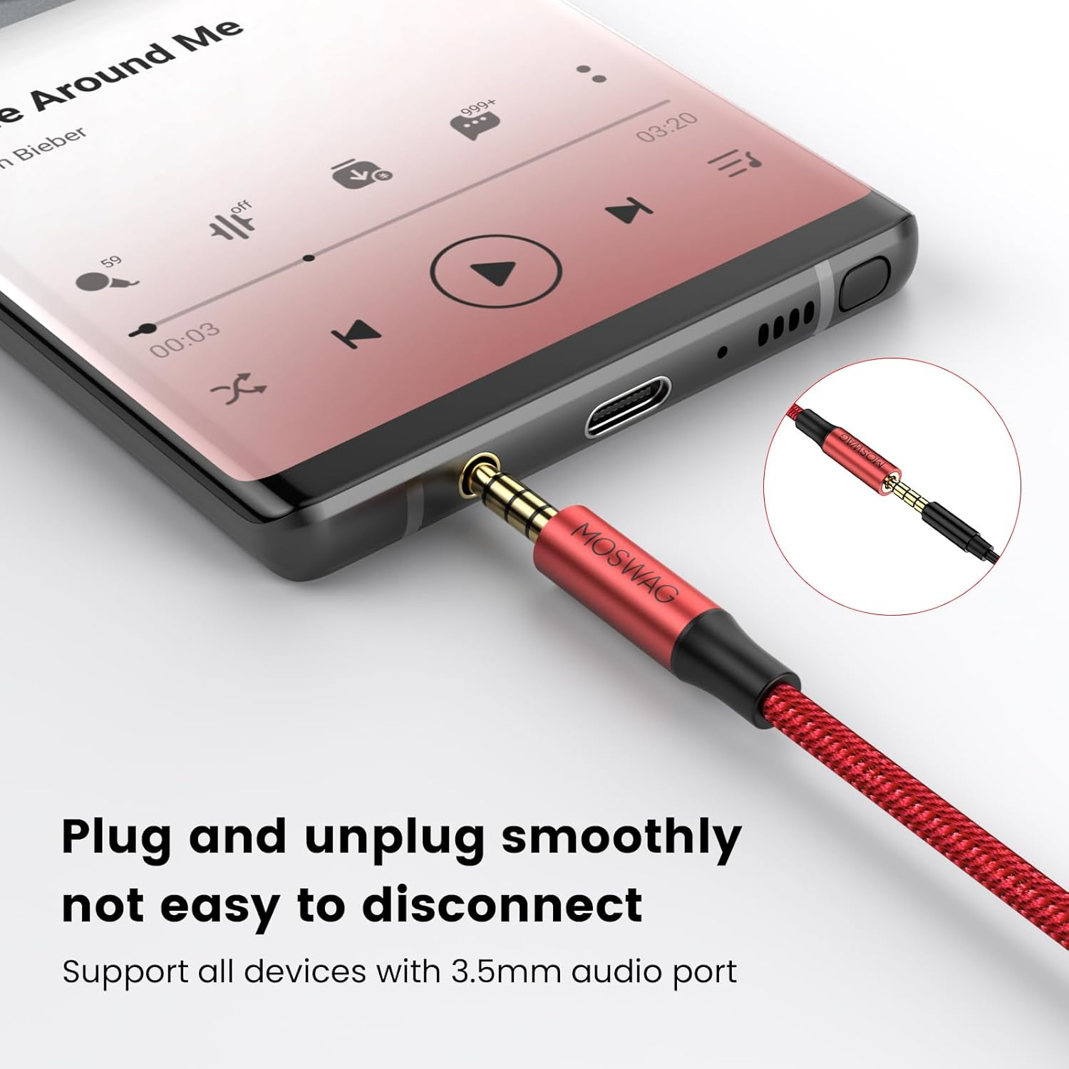 MOSWAG 3.5Mm Male to Female Extension Cable with Microphone Stereo Audio Adapter Nylon Braided Compatible for Home/Car Stereos Smartphones Headphones Tablets Media Players and More image number 2