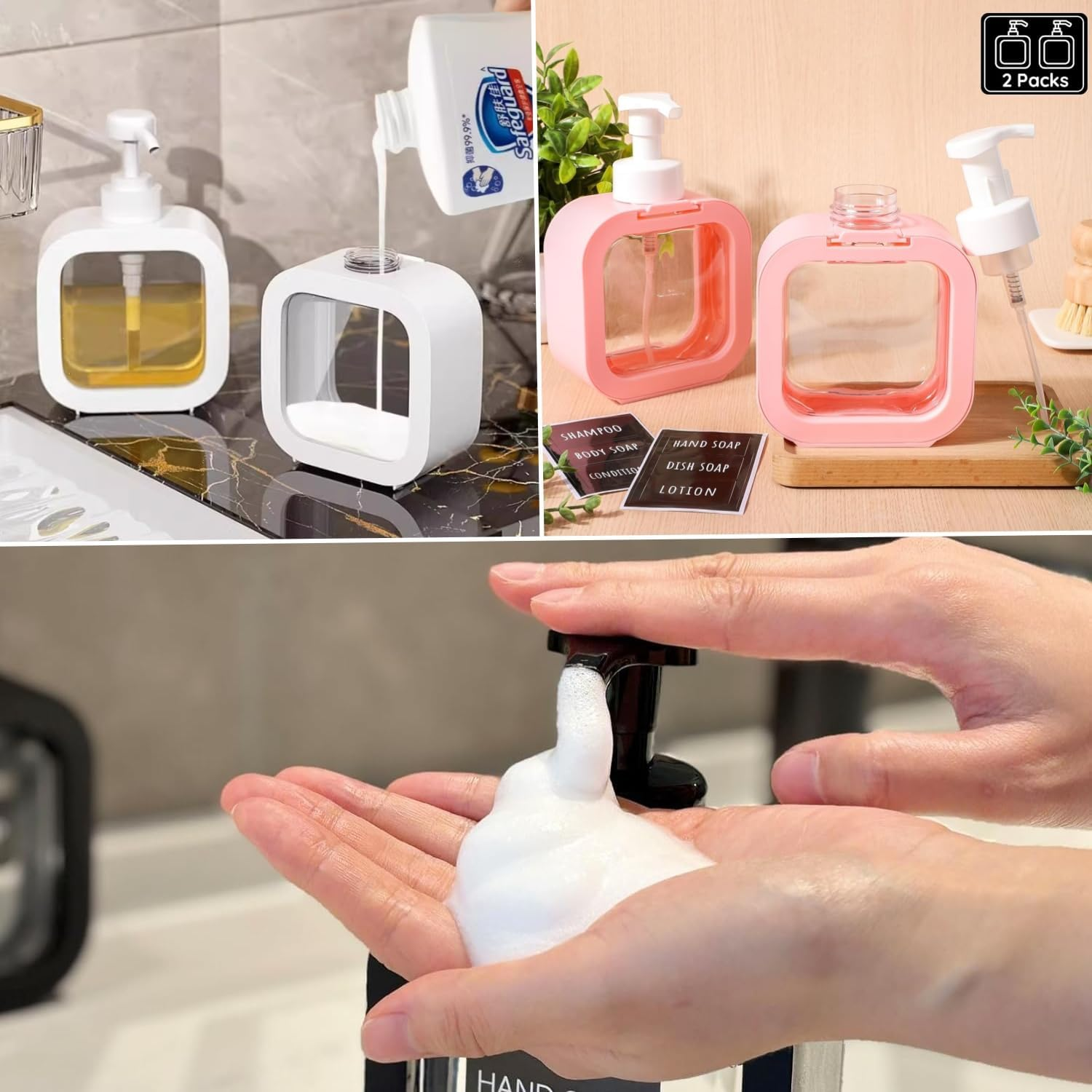 Taicols Shampoo and Conditioner Dispenser, 2Pcs 500Ml Black Soap Dispenser, Pump Bottle in Plastic, Refillable Shower Bottles with Labels,Bathroom Soap Dispenser Set,Modern Dish Soap Dispenser (White)