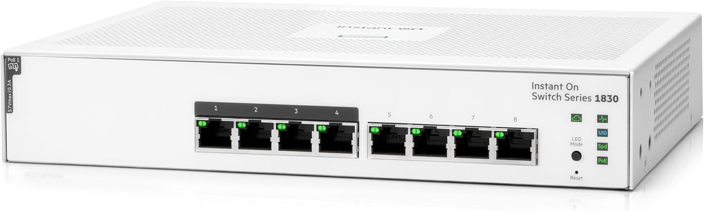 HPE Networking Instant on Switch Series 1830 8-Port Gb Smart-Managed Layer 2 Ethernet Switch with Poe | 8X 1G | 4X CL4 Poe (65W) | Fan-Less | AU Cord (JL811A#ABG) image number 2