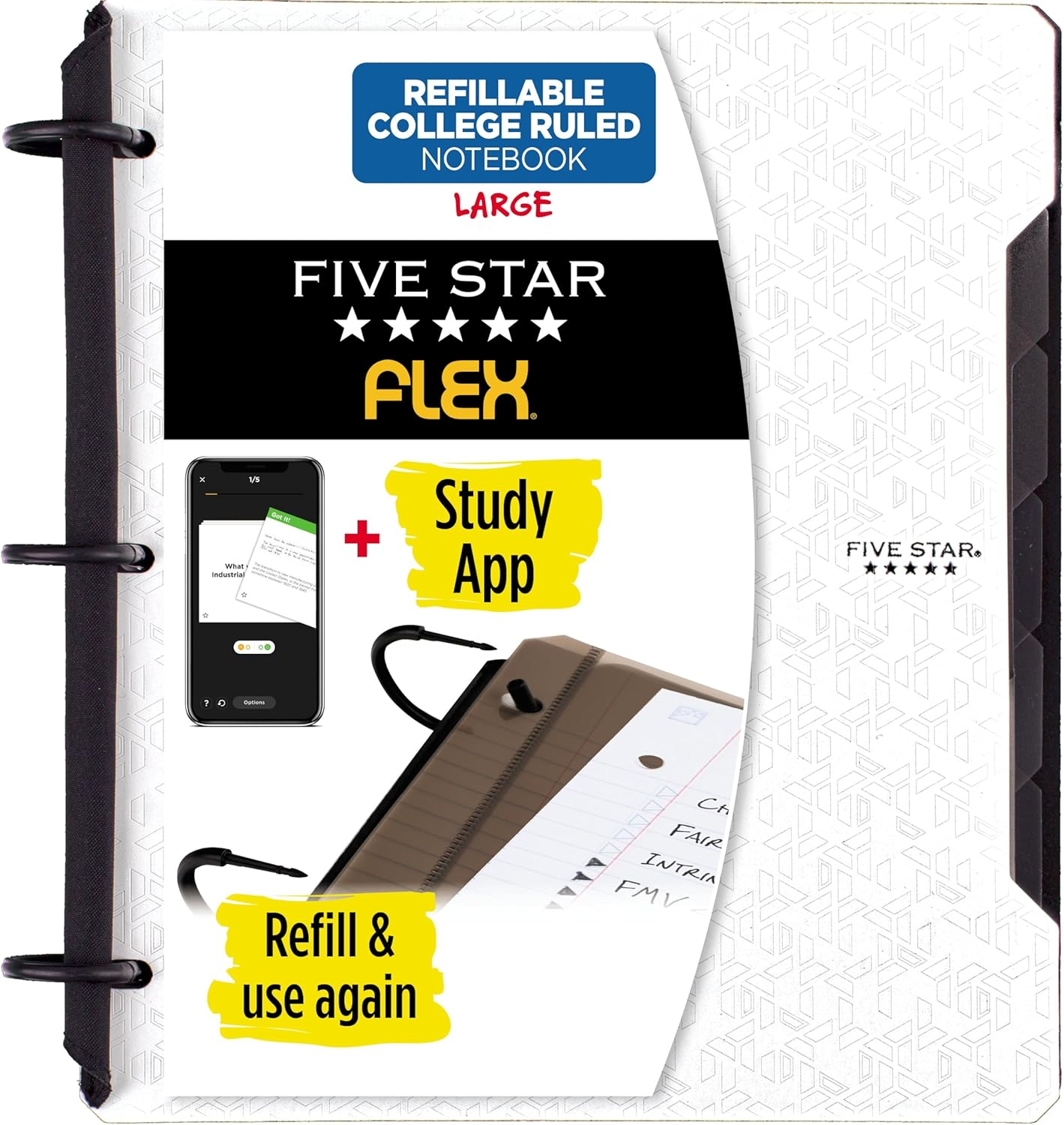 Five Star Flex Refillable Notebook + Study App, College Ruled Paper, 1 Inch Techlock Rings, Pockets, Tabs and Dividers, 200 Sheet Capacity, White (29328AE2) - Black image number 6