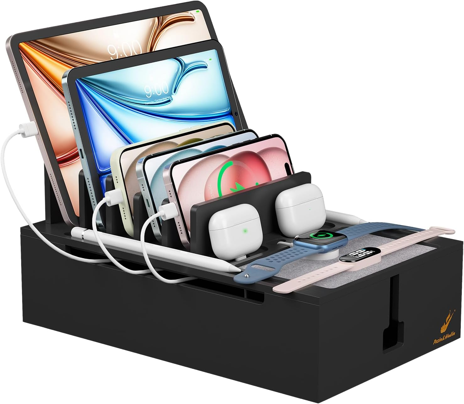 Pezin & Hulin Bamboo Charging Station for Multiple Devices, USB Charger Dock Organizer, with Power Supply (10 Ports HUB), 6 Cables, Cable Management Organizer for Cell Phones, Tablets -Natural+White