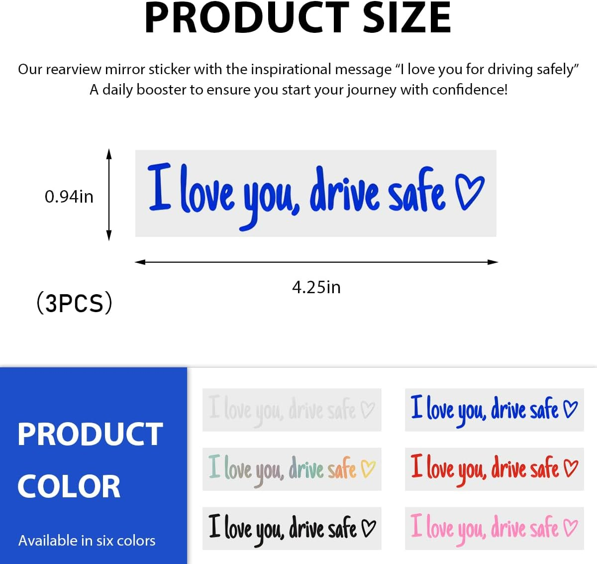 3 PCS I Love You Drive Safe Sticker, Funny Waterproof Car Rearview Mirror Decal with Heart, Self Affirmations Sticker with Drive Safe Letters for Car Window Bumper Women Gift (Blue) - Colorful image number 6