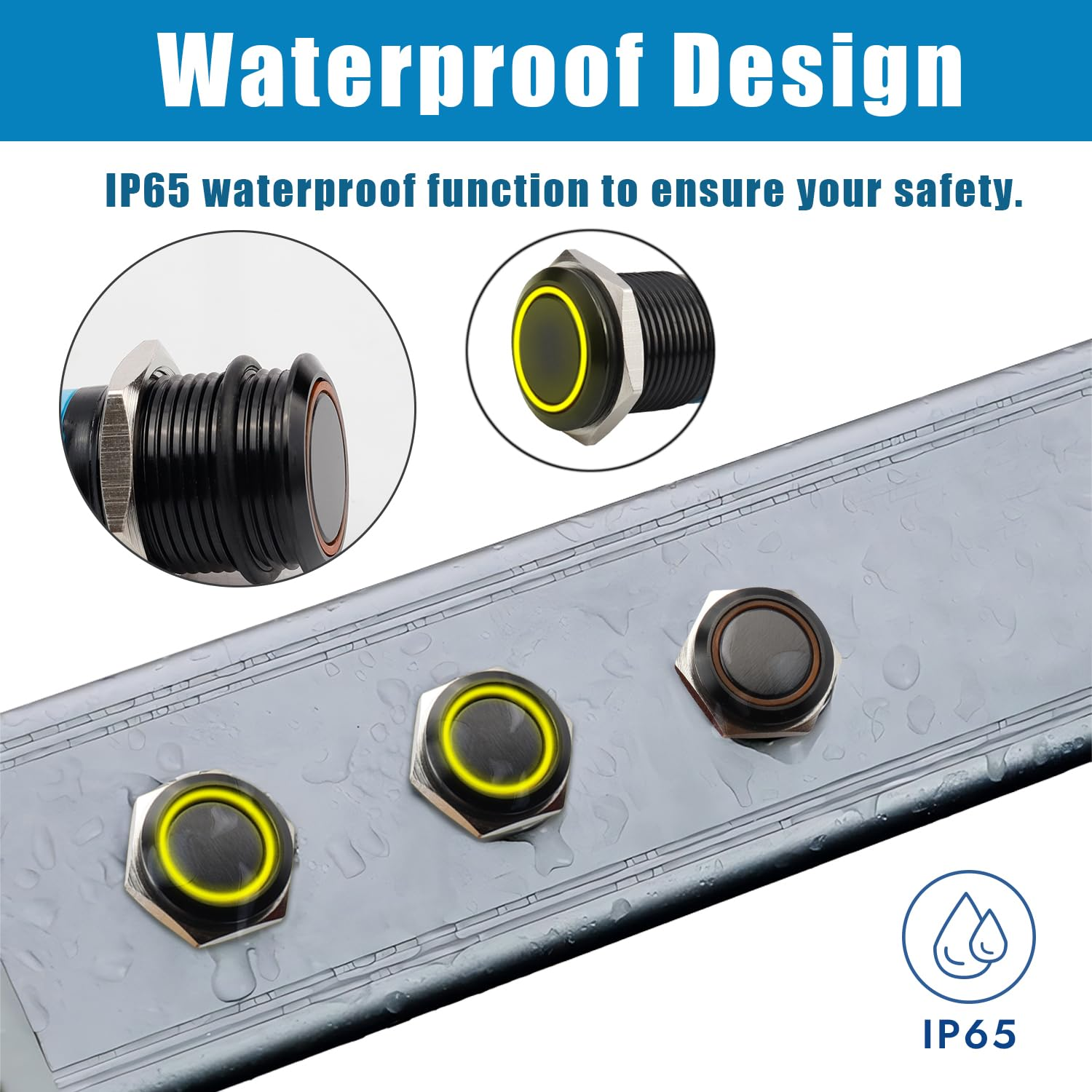 Yakamoz 2Pcs 16Mm Waterproof Latching Push Button Switches, 12V Self-Locking Button on off with Sockets Yellow LED Wiring Harness for Automotive, Marine, Industrial Machinery and DIY. image number 3