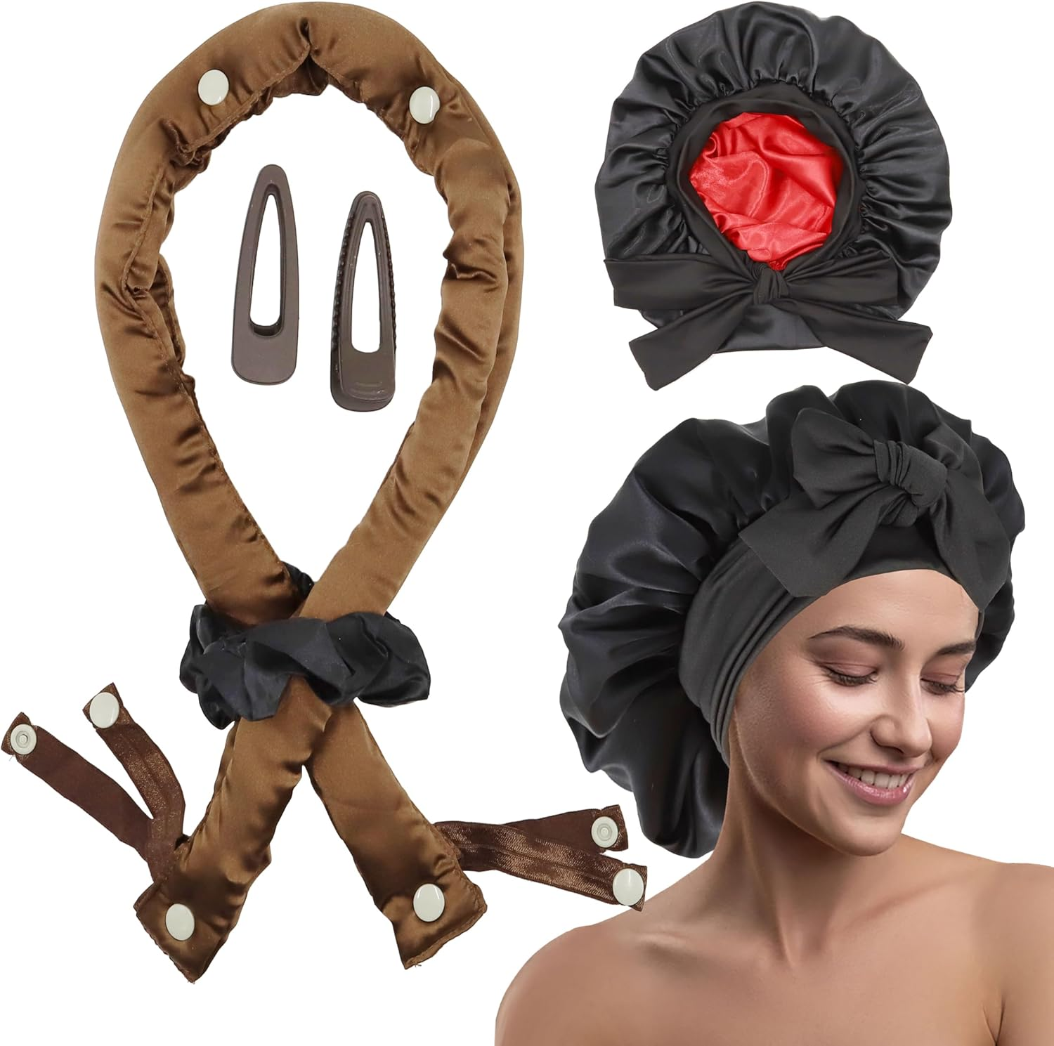 Satin Curling Iron without Heat - 3 Ways to Curl Hair, Blow Dry Curls without Heat Overnight, Curling Iron Set without Heat with Satin Hood for Sleeping (Brown & Black, One Size)