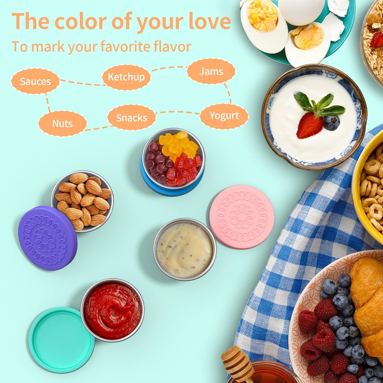 Salad Dressing Container to Go, 2.4 Oz/70Ml Snack Lunch Containers for Kids Lunch, 4 Pack Small Condiment Containers with Leakproof Lids, Reusable Sauce Cups for Kitchen School Picnic Travel,No BPA.