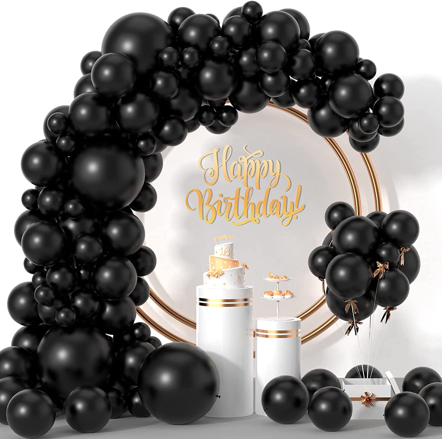 Black and Gold Balloons Garland Kit, 100Pcs Metal Gold Black White Balloons Set in Different Size for Graduation Birthday Anniversary Bachelorette Party Balloon Decoration
