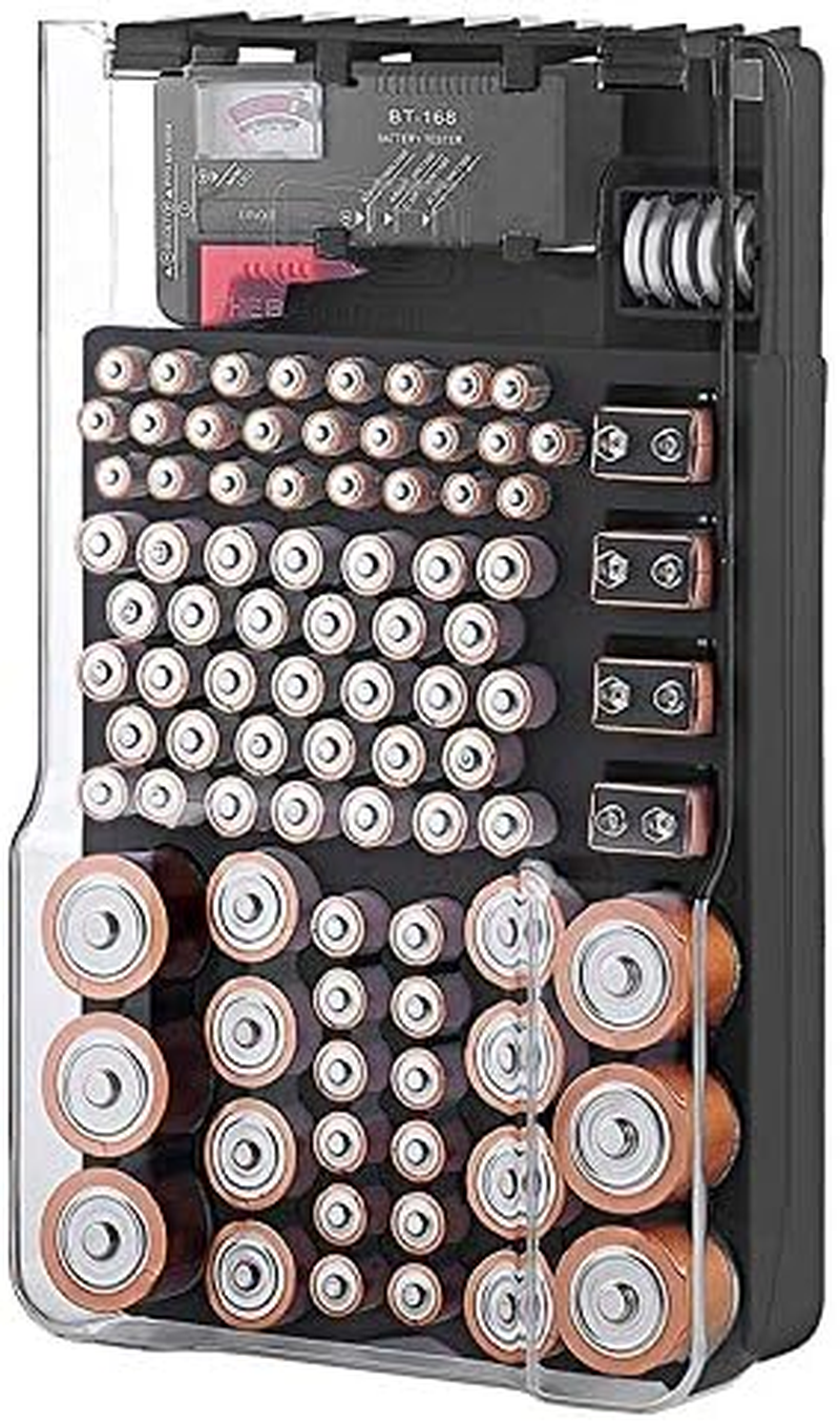 Tuperoymse the Battery Storage Case,Organizer with Hinged Clear Cover, with Battery Tester, Holds 93 Batteries Various Sizes, Black image number 2
