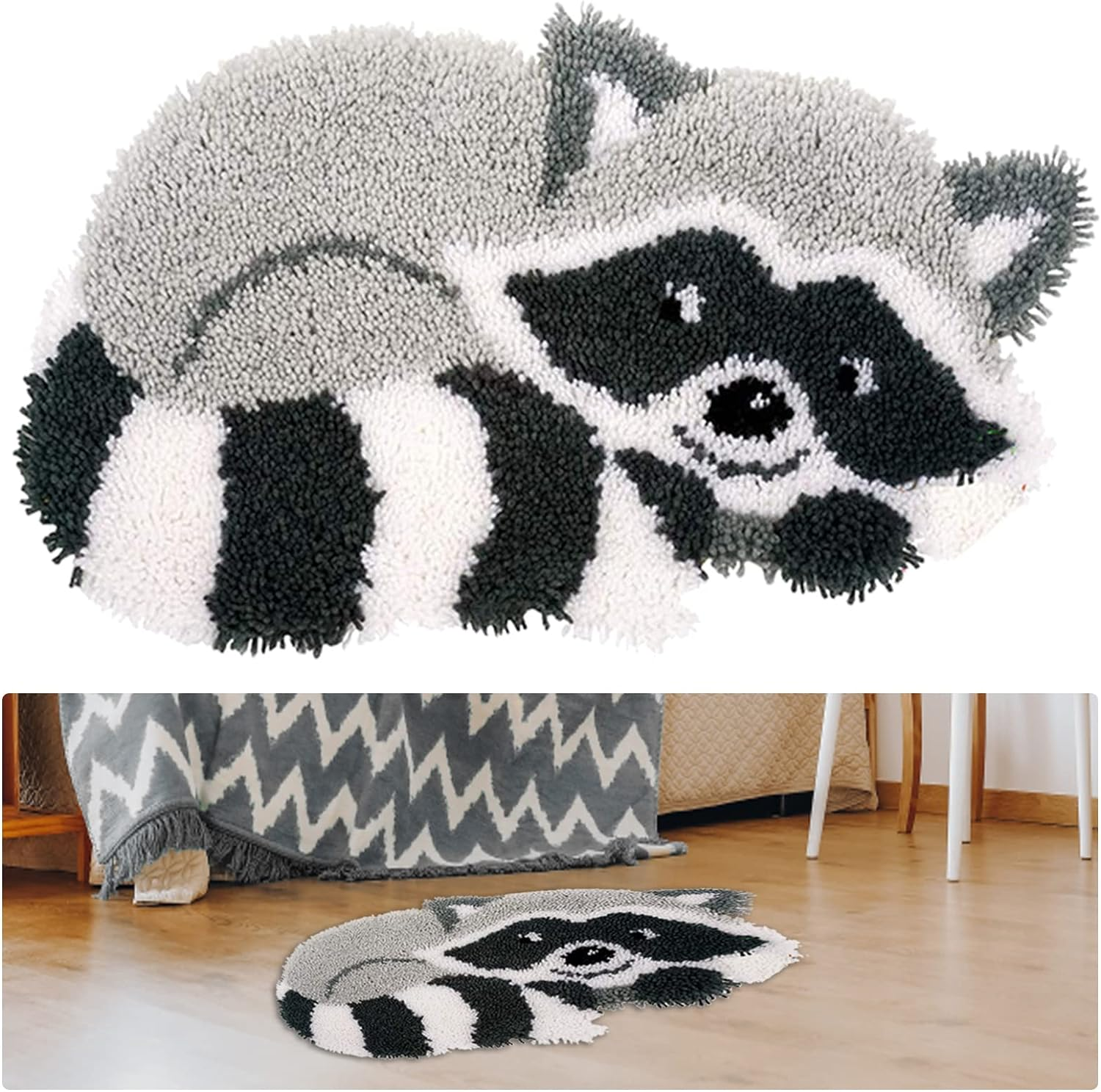 Gift2U Latch Hook Rug Kit for Adults Beginner, 3D Raccoon DIY Handmade Crochet Yarn Kit Animal Pattern Paint Embroidery Cushion for Home Decoration, 20X15 Inch