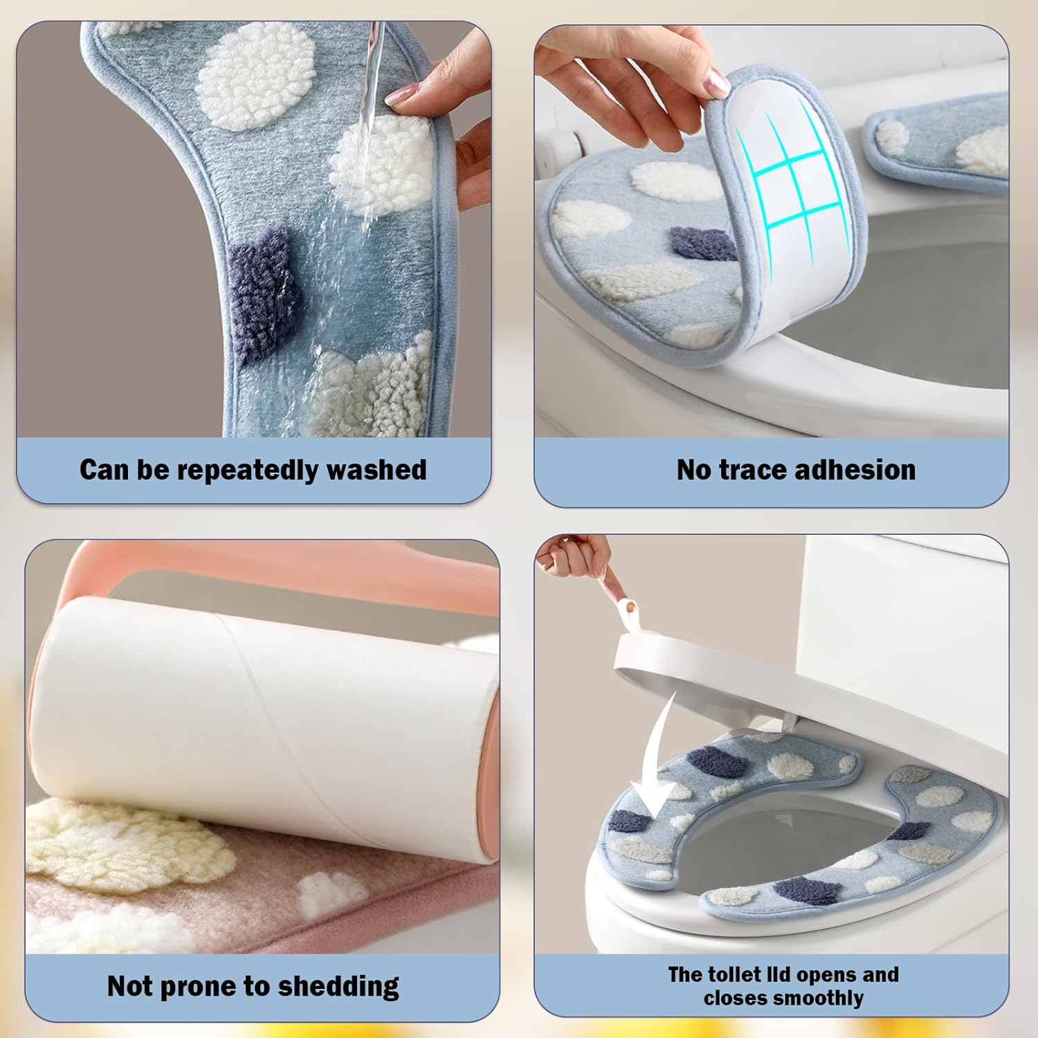 Iensen Thick and Warm Toilet Seat Cover &ndash; Washable, Reusable Cushion with TPR Adhesive Back & Decorative Pattern for Comfort & Insulation (Blue) image number 6