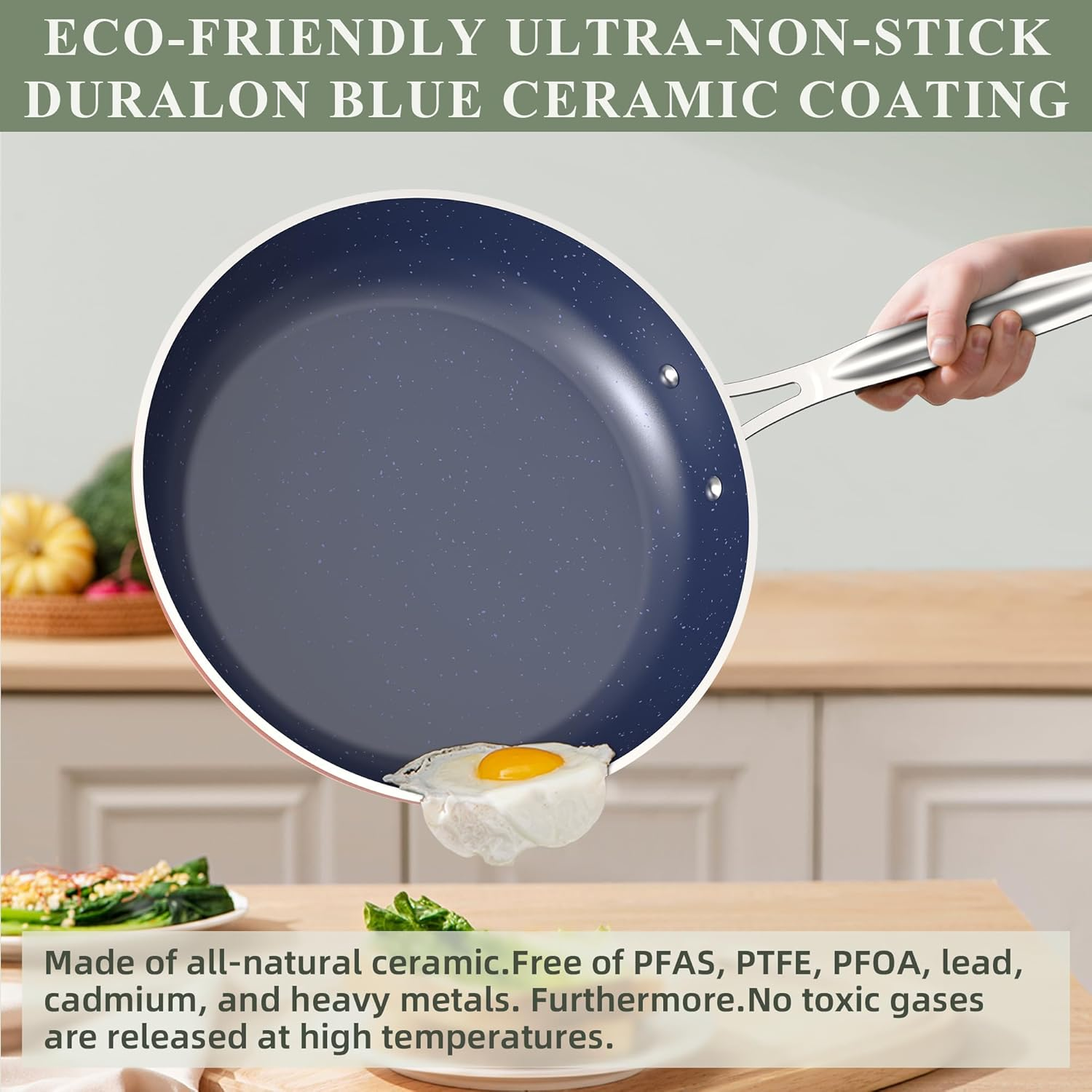 Nuwave Healthy Duralon Blue Ceramic Nonstick Cookware Set, Diamond Infused Scratch-Resistant, PFAS Free, Dishwasher & Oven Safe, Induction Ready & Evenly Heats,Tempered Glass Lids & Stay-Cool Handles image number 5