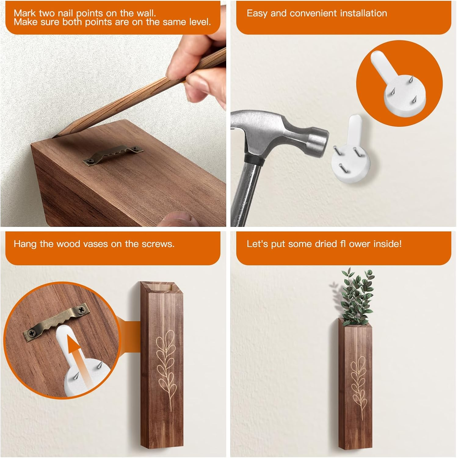 4 Pack Wood Indoor Wall Planter, Modern Boho Wall Decor for Living Room Bedroom, Farmhouse Pocket Vases for Dried Flowers and Faux Greenery Plants - Brown image number 3