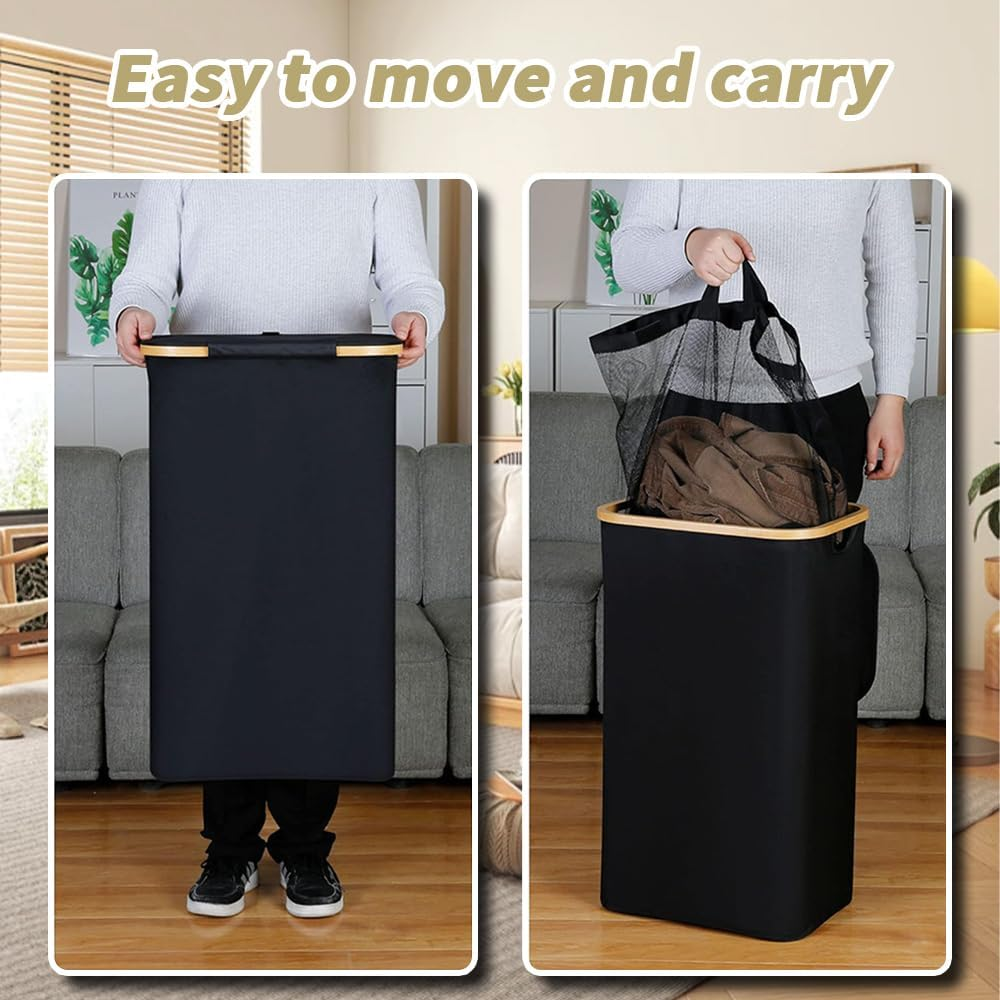 TOMVAES Laundry Hamper with Lid,Divided Folding Bamboo & Oxford Cloth Laundry Hamper,Modern Collapsible Hamper,Waterproof Liner, Great for Adults, Bathroom, Living Room image number 3