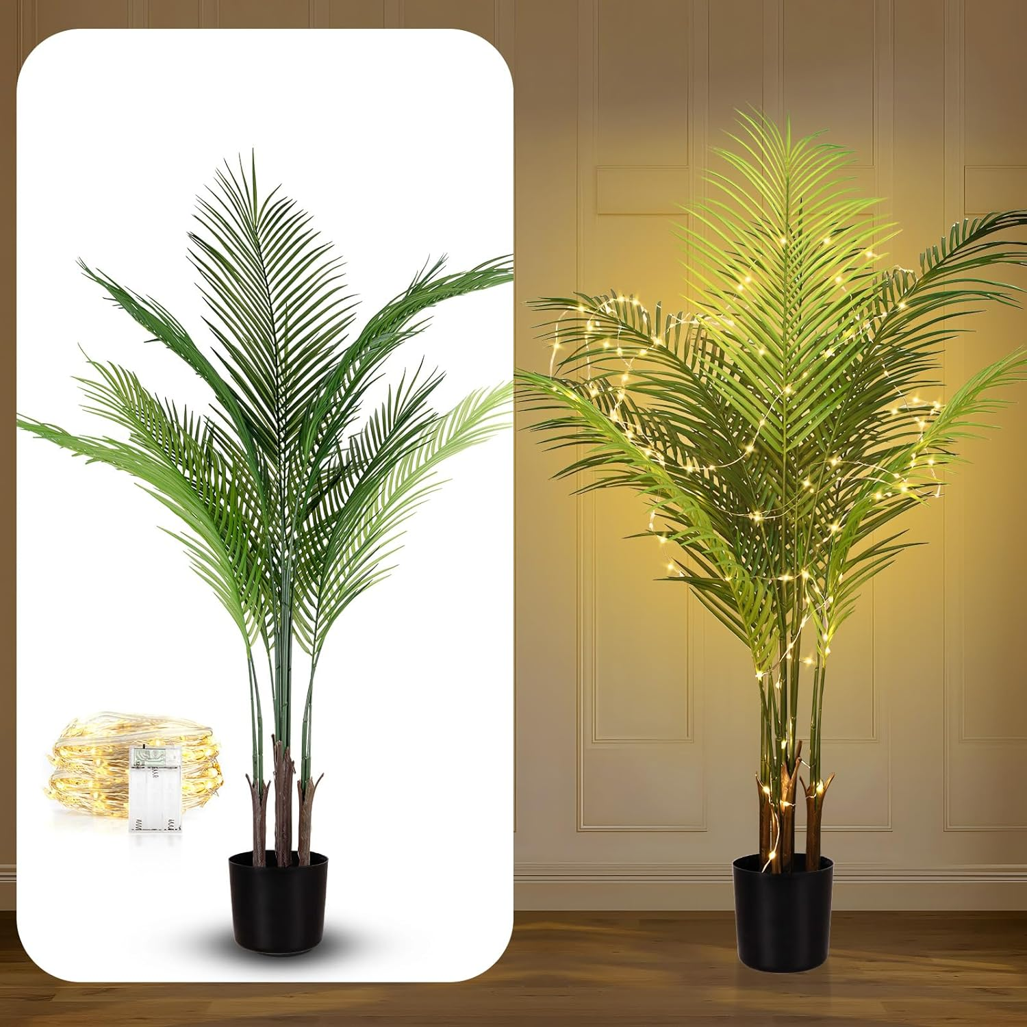 Artificial Areca Palm Plant 3.94 FT/120 Cm Tall Tropical Faux Palm Tree with 100 LED String Lights 10 Leaves Fake Palm Tree for Home Office Living Room Floor Christmas Decor image number 1