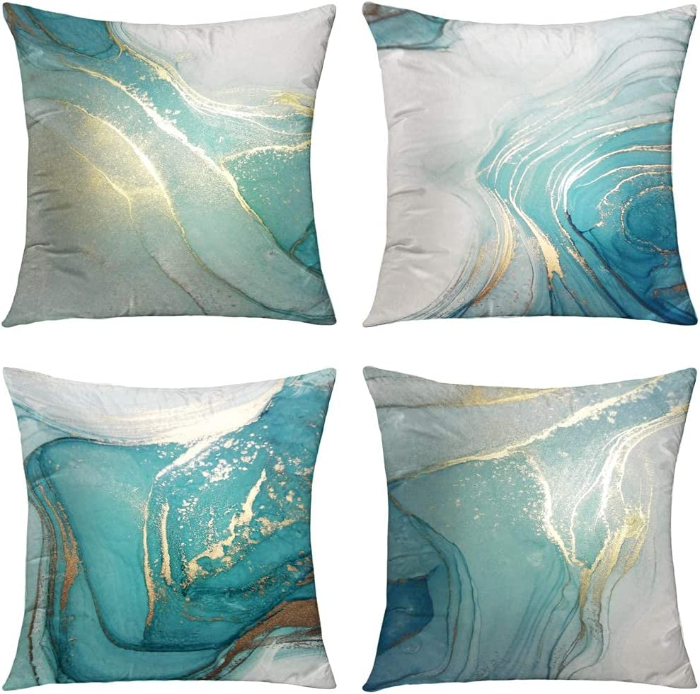 GALMAXS7 Marble Texture Turquoise and Gold Silver Decorative Throw Pillow Covers Luxury Abstract Fluid Art Ink Soft Velvet Pillow Case Square Cushion Covers for Couch Sofa 20 X 20 Inch Set of 4