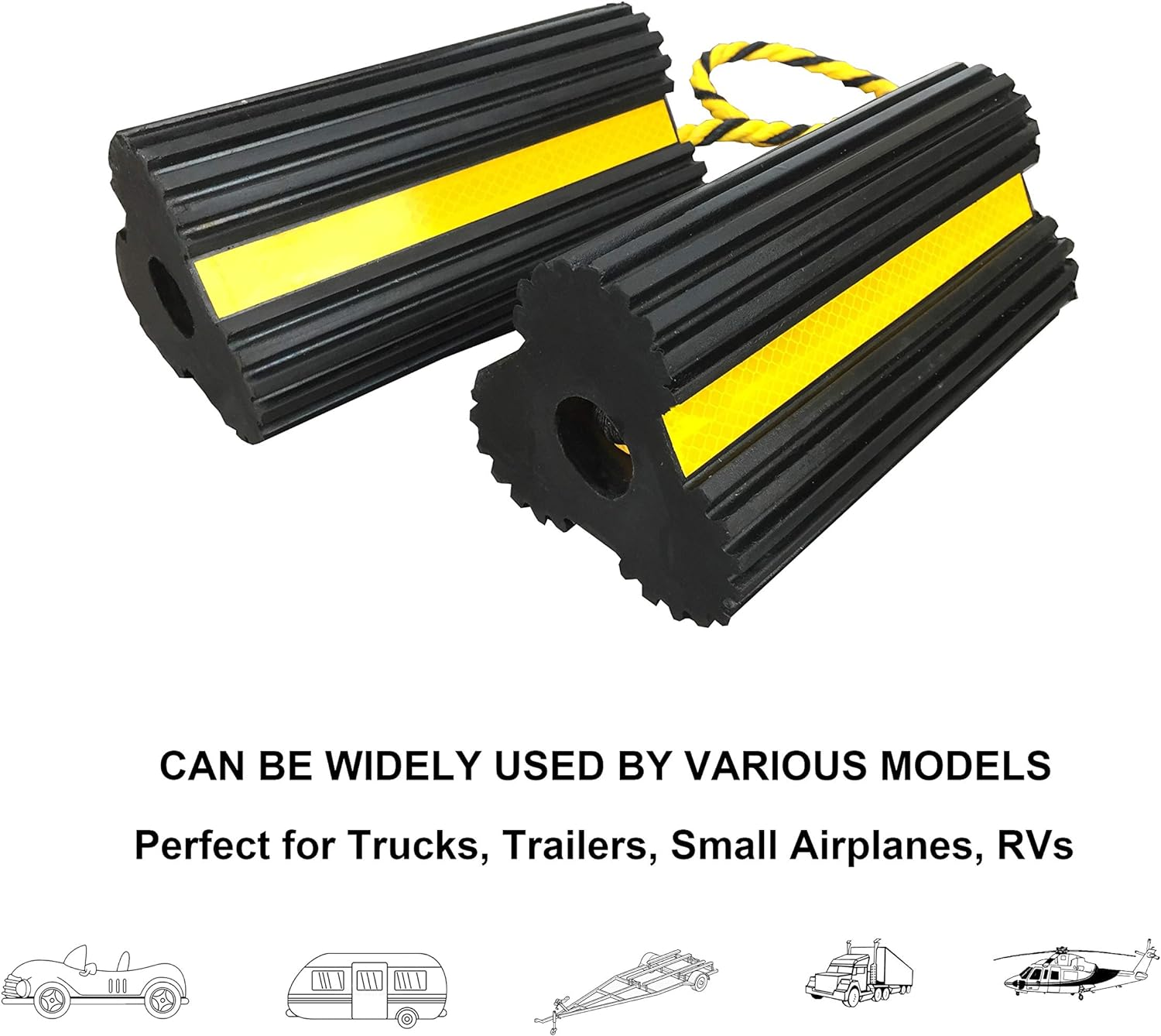 Heavy Duty Rubber Dual Wheel Chocks Front and Back, RV Leveling Blocks Non Slip Base with Nylon Rope Yellow Reflective Tape for Travel Trailers, Car, Camper, Truck 1 Pair image number 4
