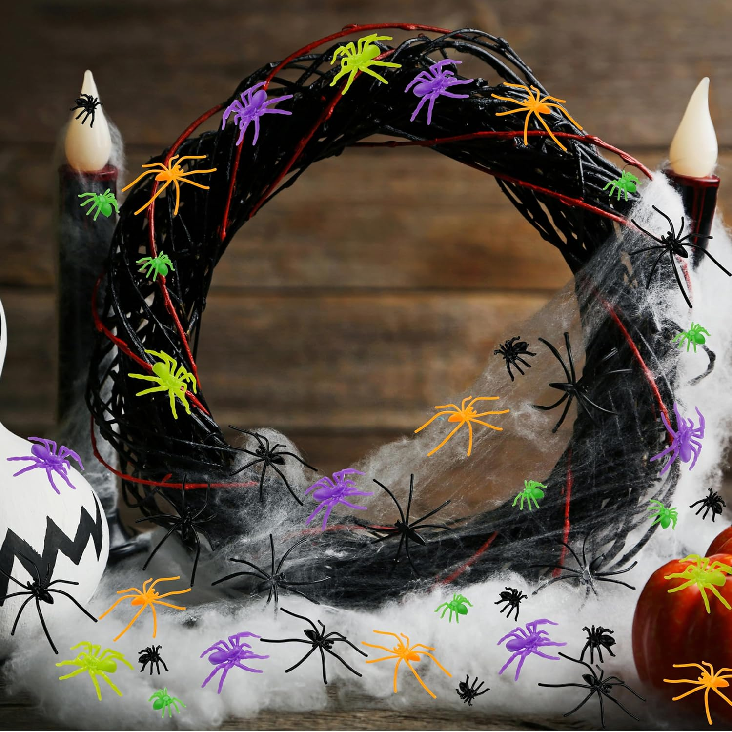 VOVEA Plastic Spiders Halloween Decorations, 120PCS Halloween Colorful Fake Spiders in 6 Styles, Realistic Small Spiders Halloween Prank Kit Props for Halloween Party Decorations Supplies image number 1