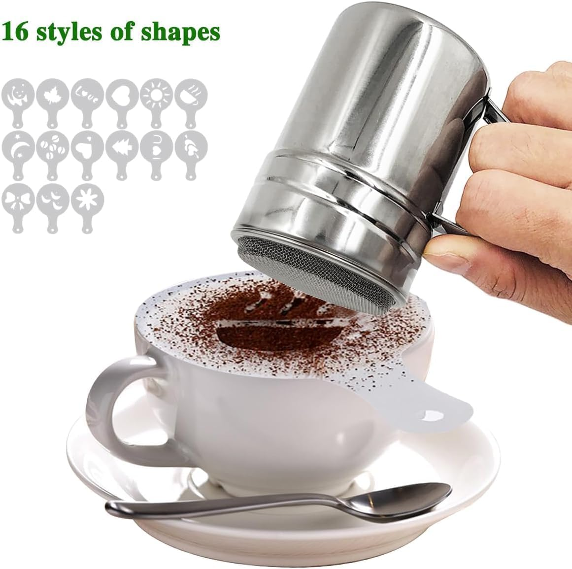 Sugar Bowl Duster with Handle, 2 Pieces Stainless Steel Powder Bottles for Sugar Pepper Cinnamon Flour with Printed Mold Template Fine Large Grid image number 3