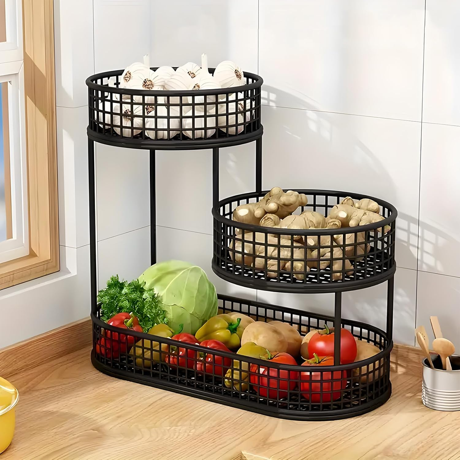 Fruit Basket, 3 Tier Countertop Metal Storage Basket,Layered Fruit Stand for Snacks,Kitchen Countertop,Food Storage Room,Fruits,Coffee,Pasta, Bathroom (Black) image number 3