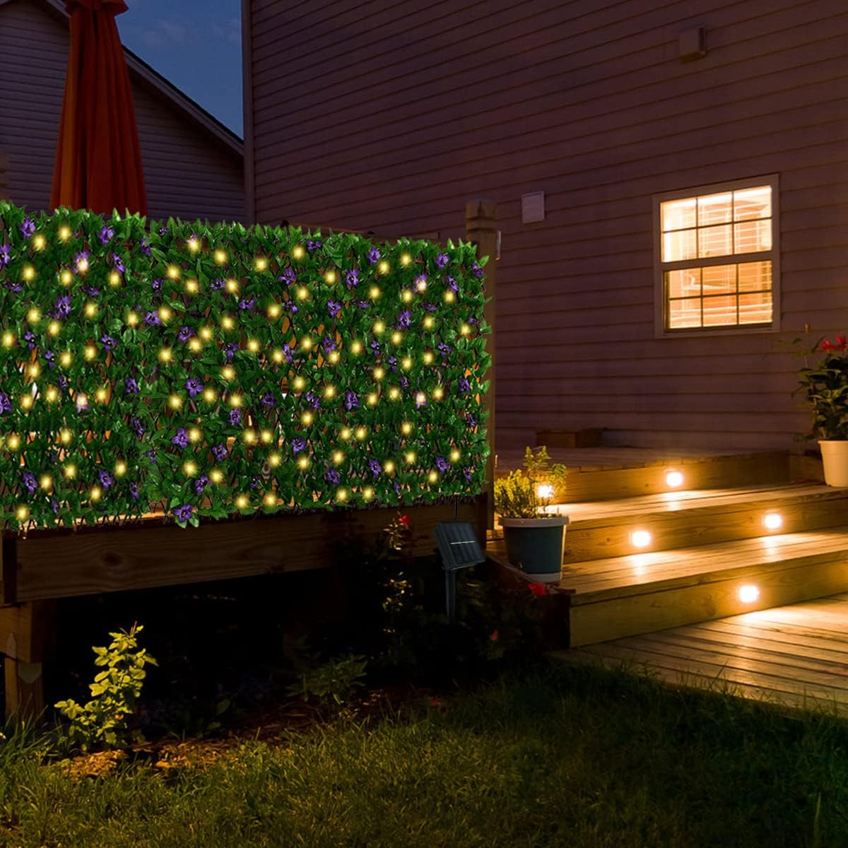 HSHGZSR Expandable Fence Privacy Screen with Solar String Lights Violet Hedges Backdrop Decor Faux Trumpet Flower Fence Screen for Patio Garden Balcony Backyard image number 3