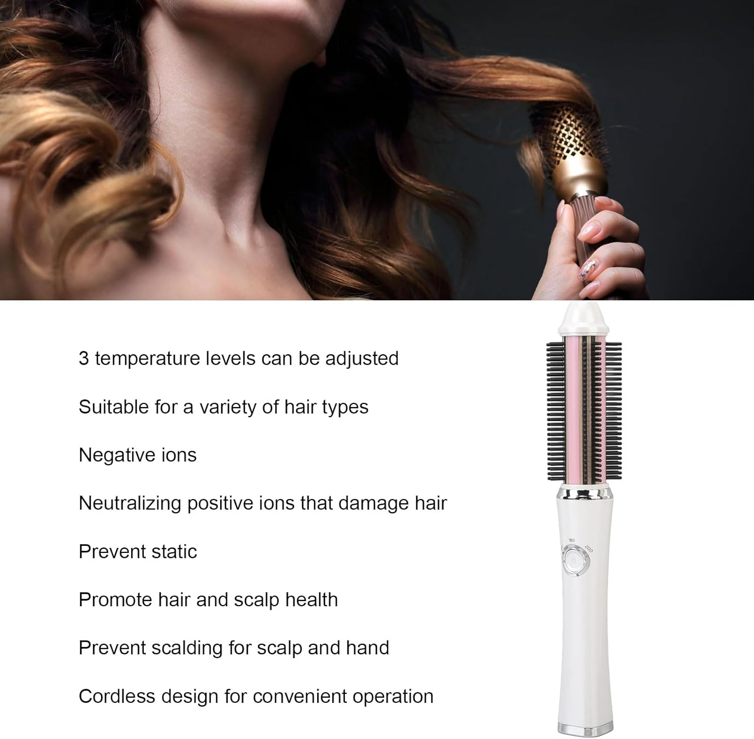 Cordless Hair Curler Brush, Cordless Hair Straightener Brush with 3 Temperature Gears, Prevent Static, Anion, USB Rechargeable Electric Curling Comb, with Cordless Use for Travel