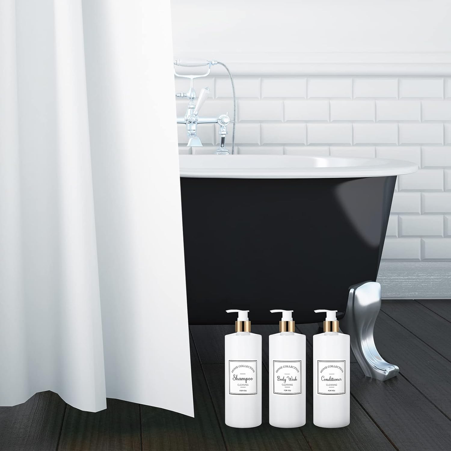 3 Pieces 16Oz Pump Bottle Set Shampoo and Conditioner Bottle Plastic Refillable Soap Dispenser Shower Dispenser with 6 Label Sticker for Lotion Body Massage (Gold and White)